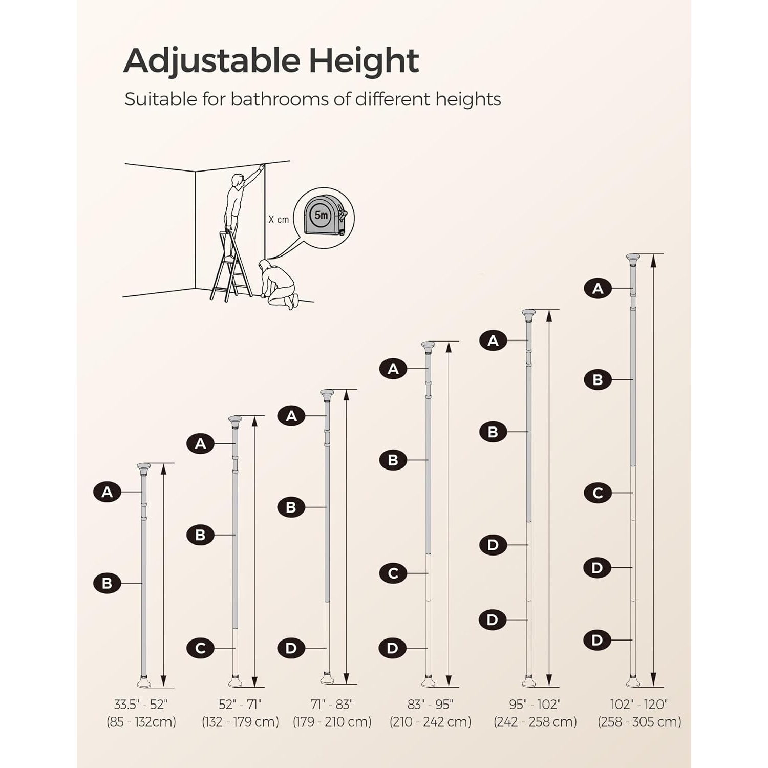 Fürdőszoba sarokpolc állítható, fehér 85-305cm