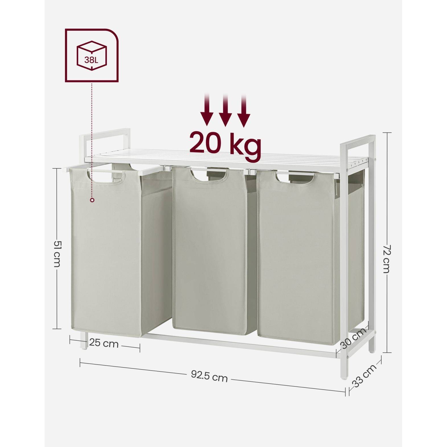 Szennyestartó, kihúzható és levehető ruhatartó zsákkal 3x38L, fehér