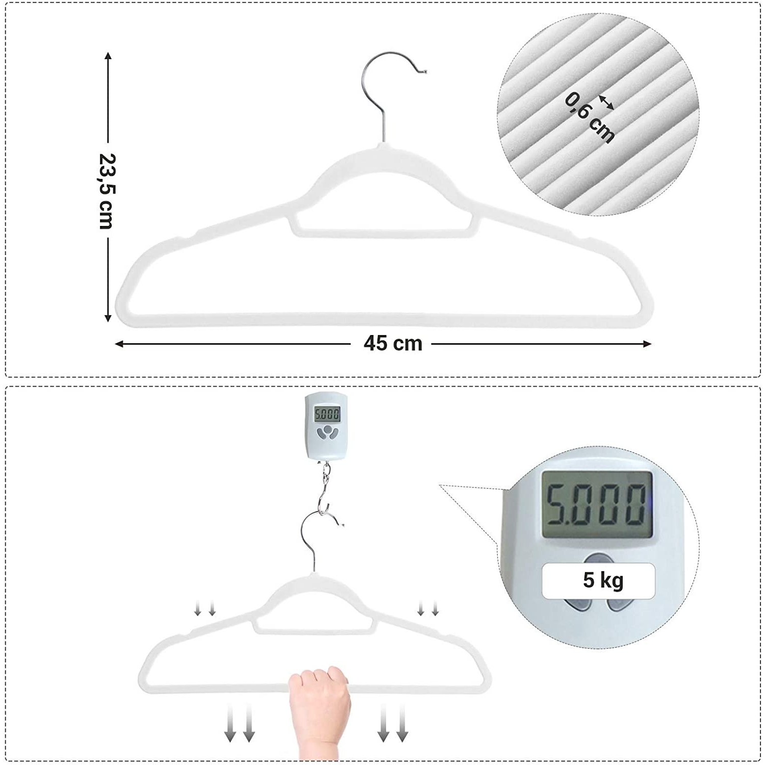 Bársony vállfa, csúszásmentes ruhaakasztó 50 db, fehér