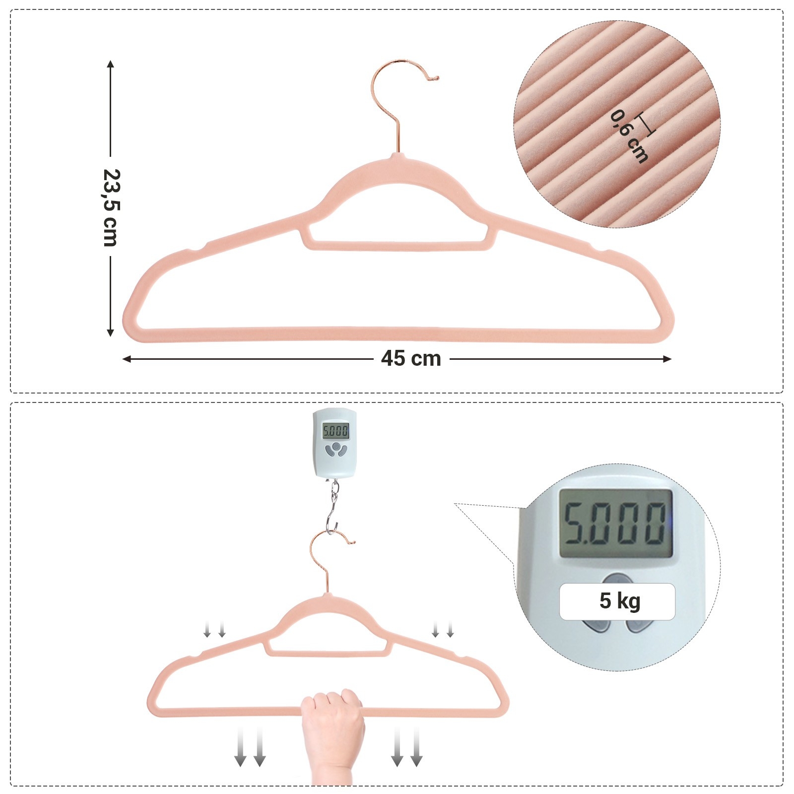 Bársony vállfa, csúszásmentes ruhaakasztó 50 db, rózsaszín, rozé arany