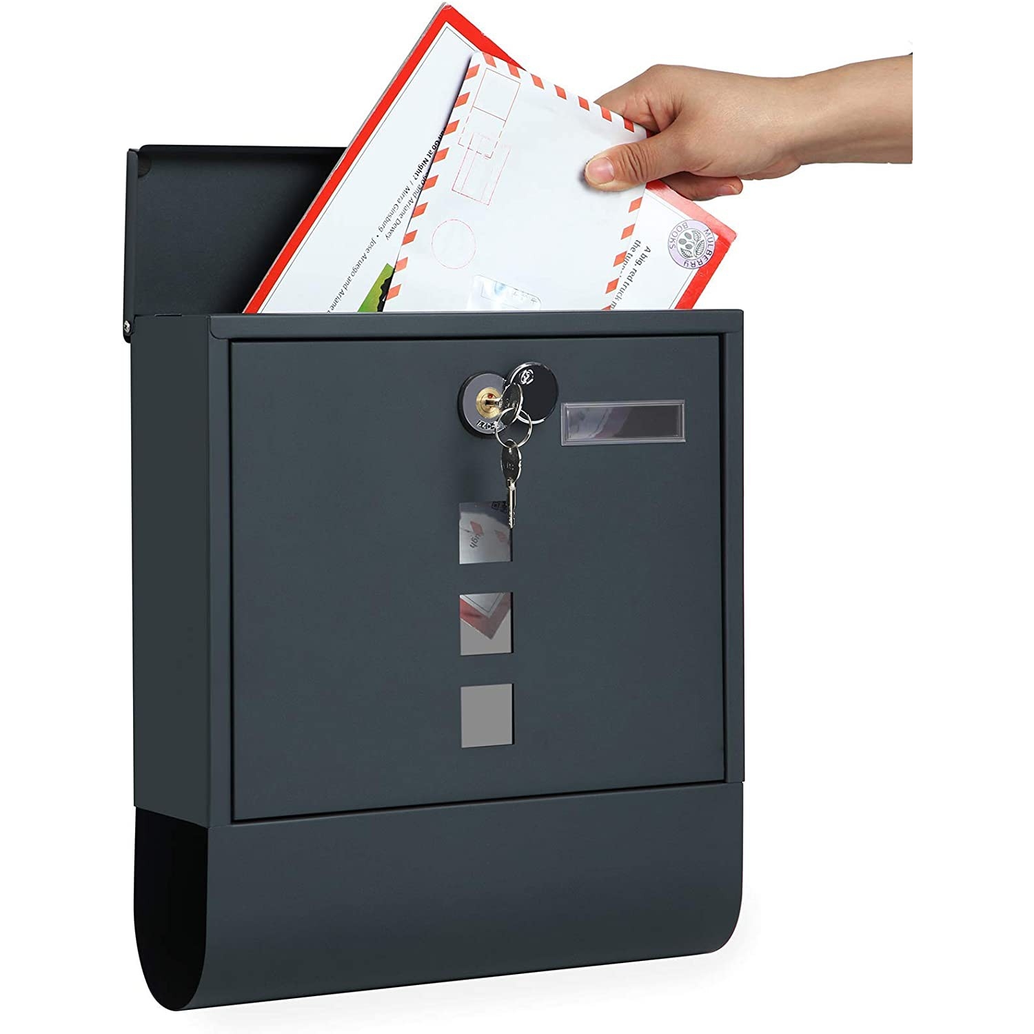 Zárható postaláda újságtartóval, névtáblával falra, kerítésre szerelhető, antricit szürke