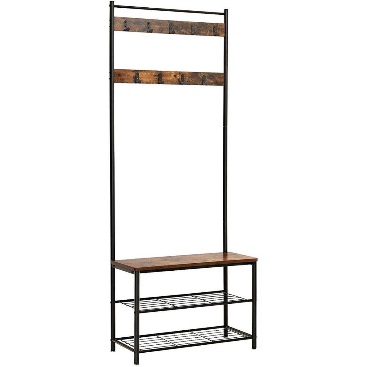 Előszoba fogas polccal, akasztókkal, cipőtartóval és ülőkével, rusztikus barna 70x32x175cm