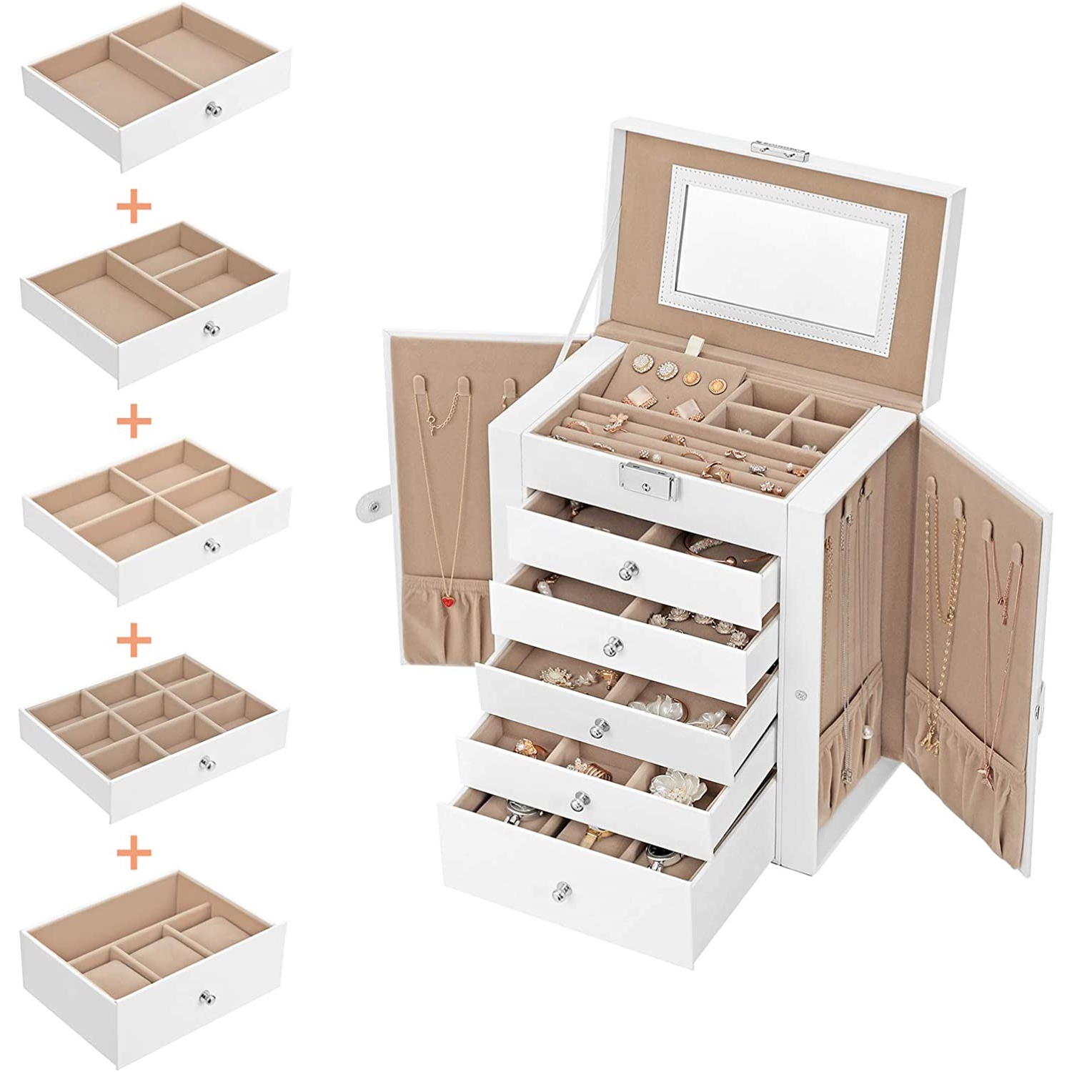 Ékszertartó doboz 5 fiókkal és tükörrel, fehér 26x15x32cm
