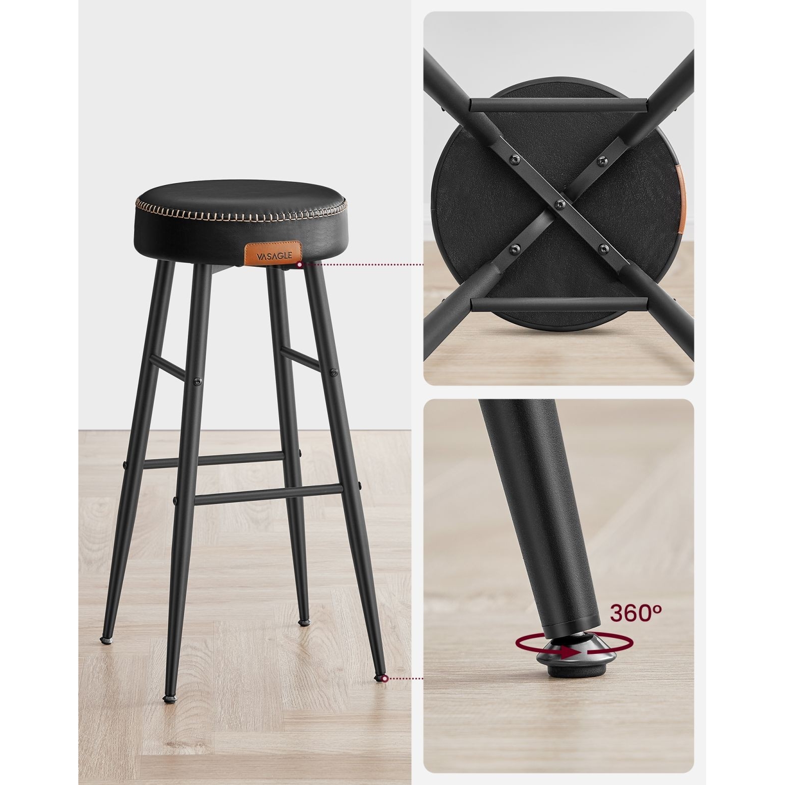 ECHO Bárszék 2 db, varrott műbőr borítás, fekete, 76 cm magas