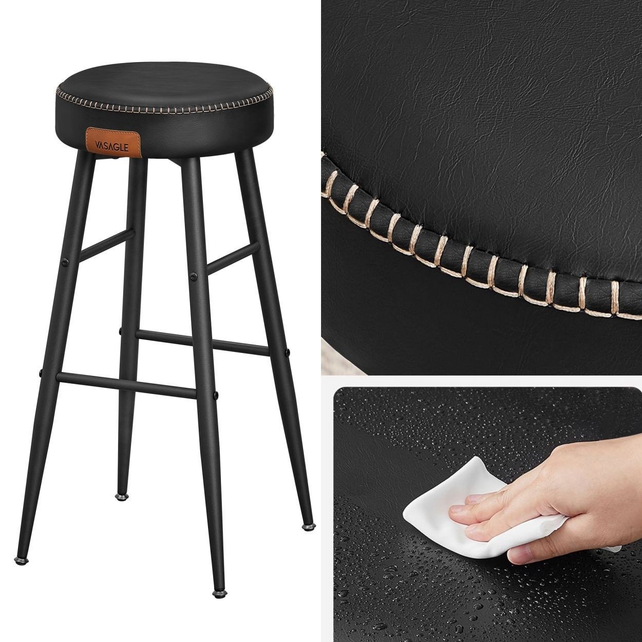 ECHO Bárszék 2 db, varrott műbőr borítás, fekete, 76 cm magas