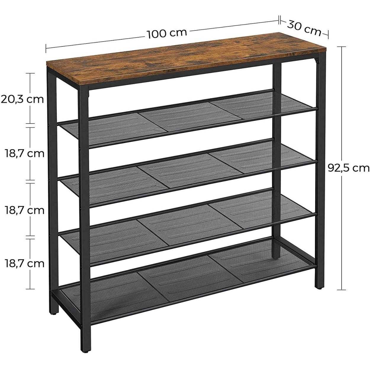 Cipőtároló polc 4 fém hálós polccal, rusztikus barna 100x30x92cm