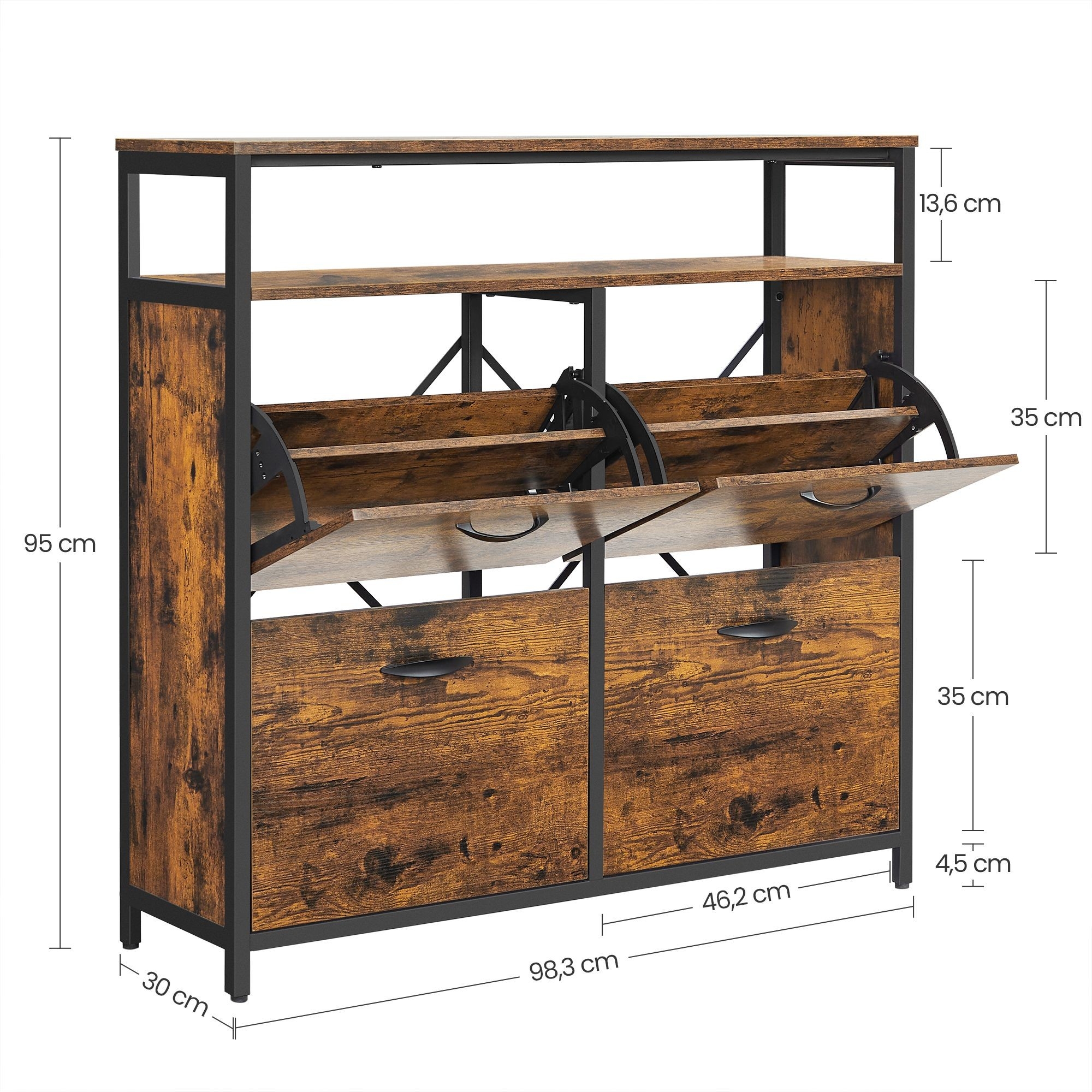 Cipős szekrény 4 ajtós 12-20 pár cipő tárolására, rusztikus barna 98x30x96cm