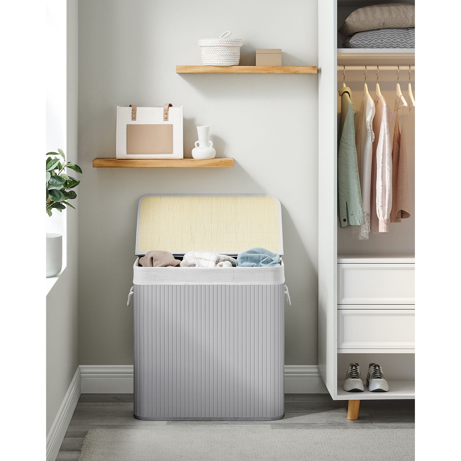Bambusz kosár szennyestartó 3 rekeszes 3x50L, szürke