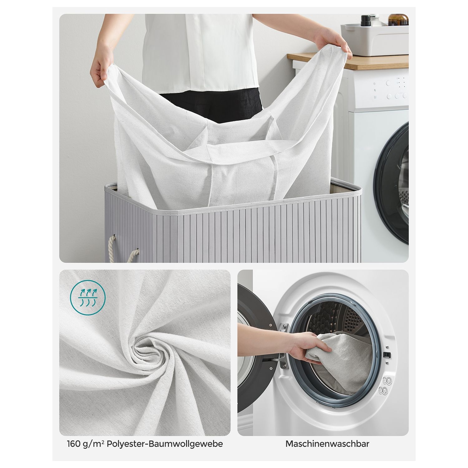 Bambusz kosár szennyestartó 3 rekeszes 3x50L, szürke