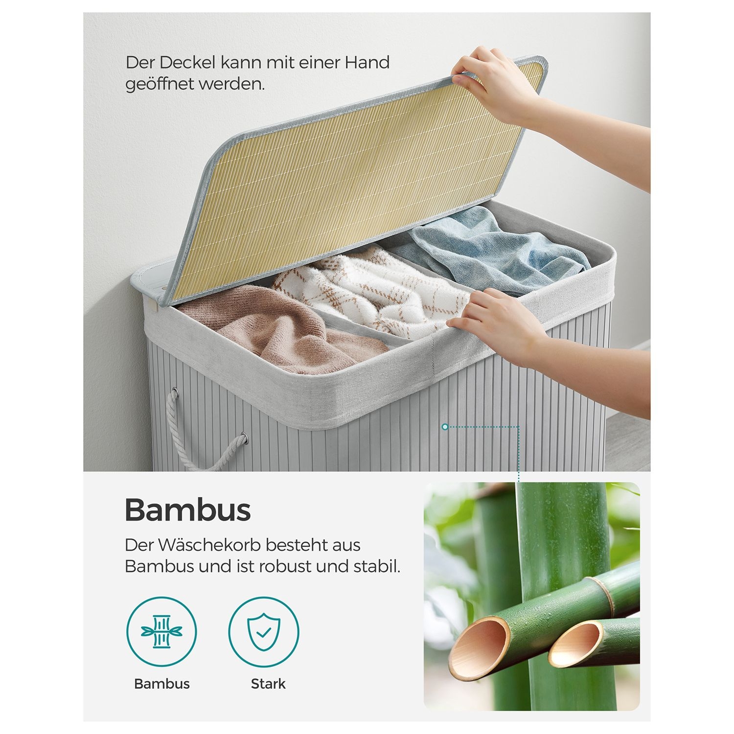 Bambusz kosár szennyestartó 3 rekeszes 3x50L, szürke