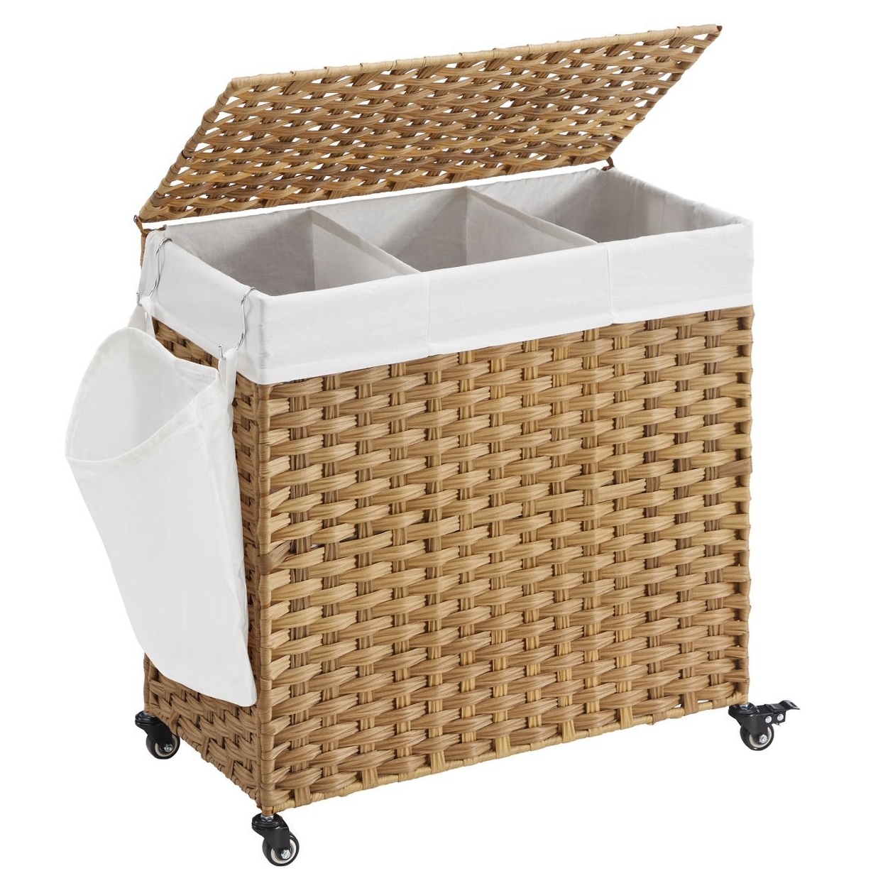 Kézzel fonott rattan stílusú szennyeskosár 3 rekesszel 140L, natúr