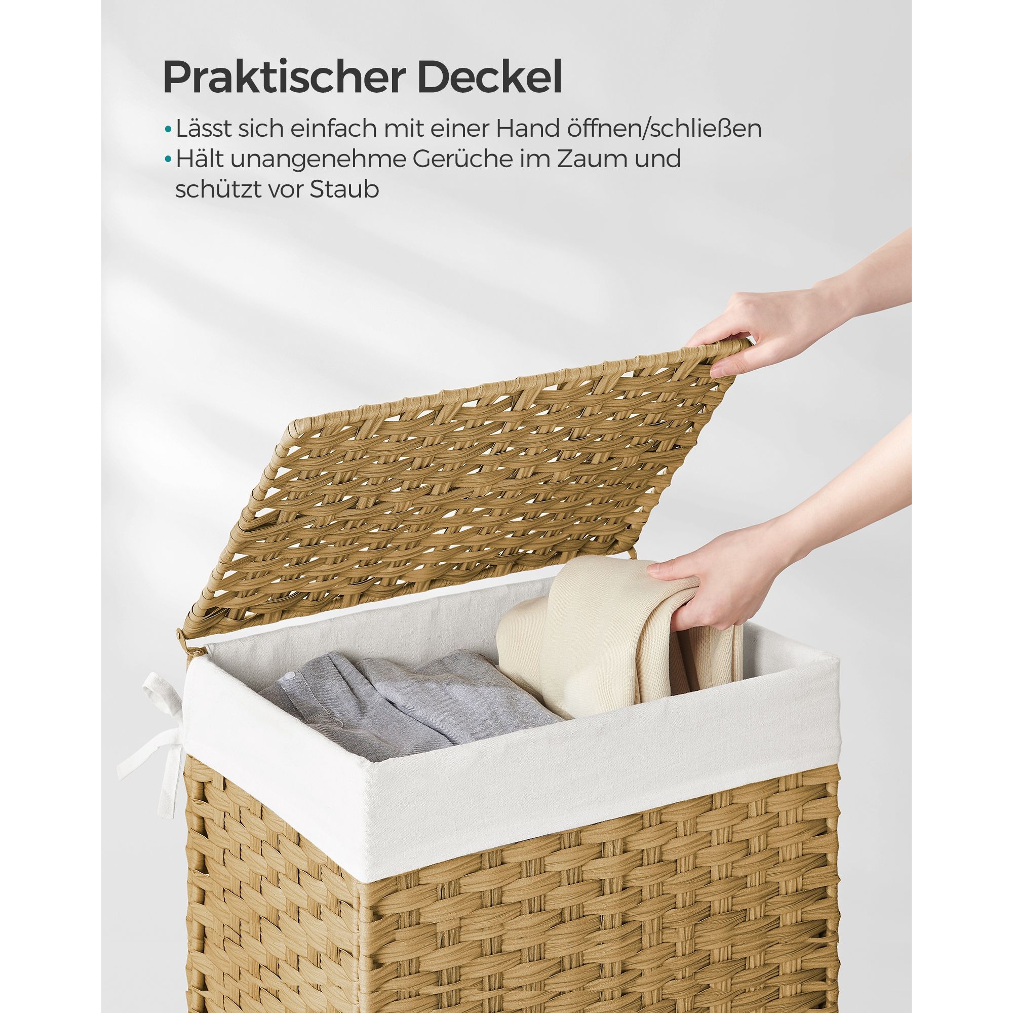Kézzel fonott rattan szennyeskosár, összecsukható, kivehető zsákkal 90L, sárga