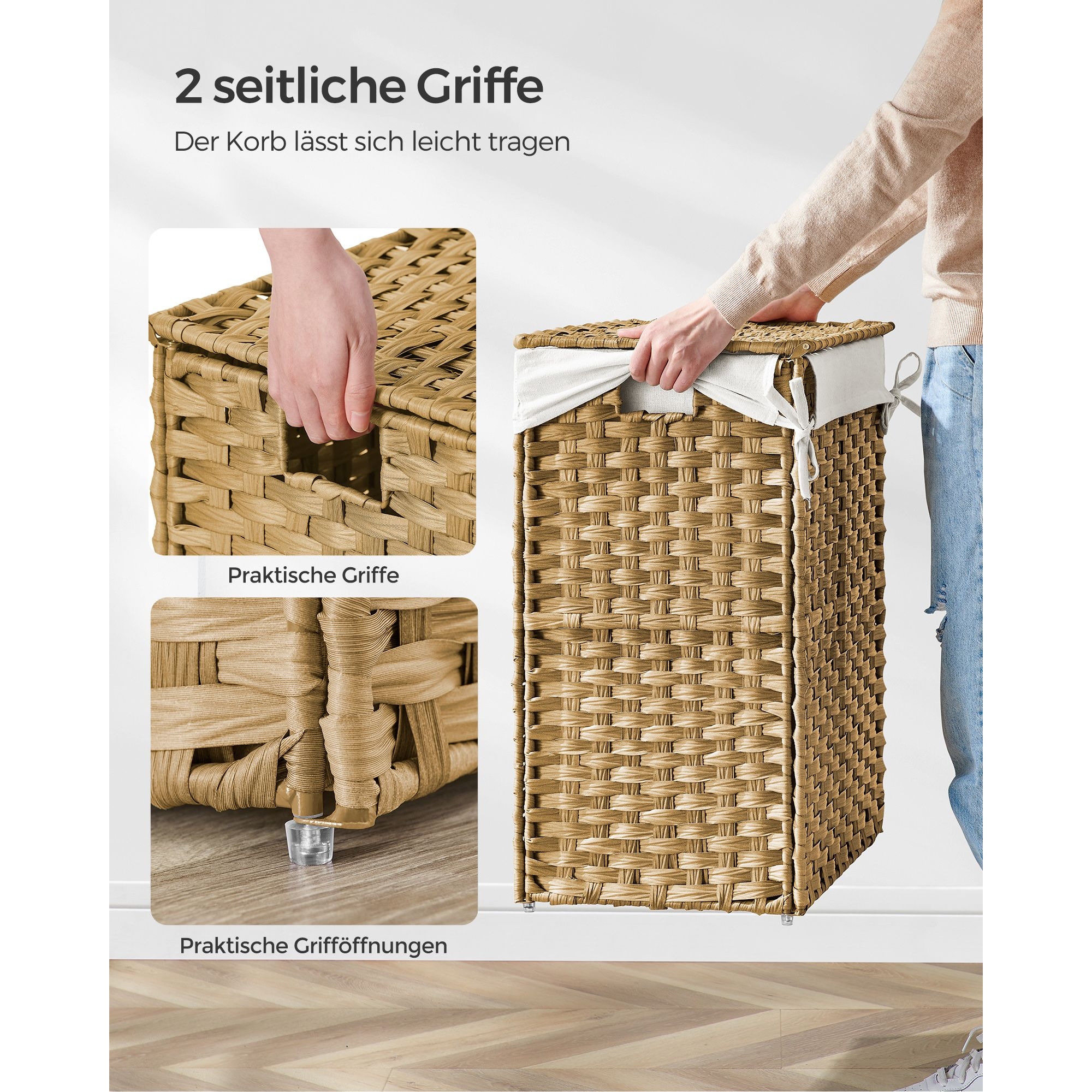 Kézzel fonott rattan szennyeskosár, összecsukható, kivehető zsákkal 90L, sárga