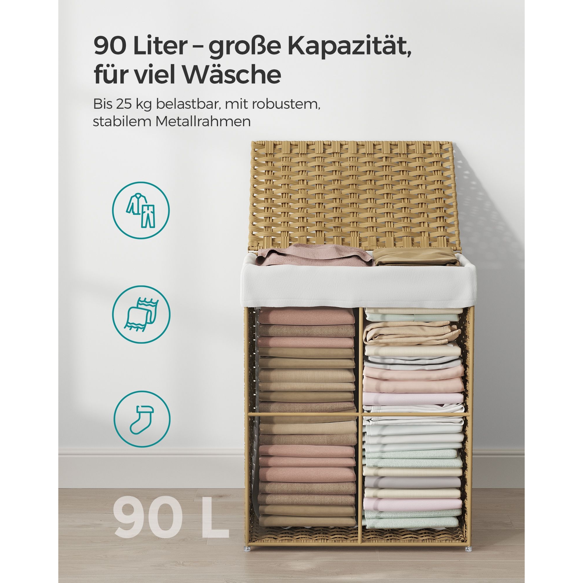 Kézzel fonott rattan szennyeskosár, összecsukható, kivehető zsákkal 90L, sárga