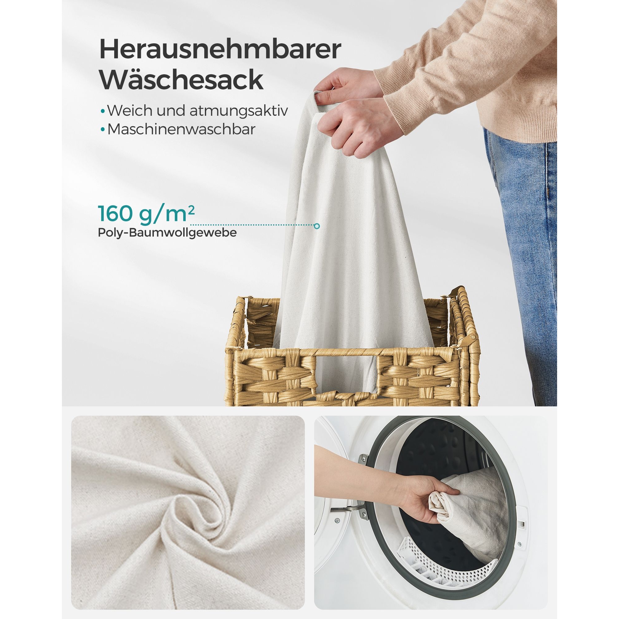 Kézzel fonott rattan szennyeskosár, összecsukható, kivehető zsákkal 90L, sárga