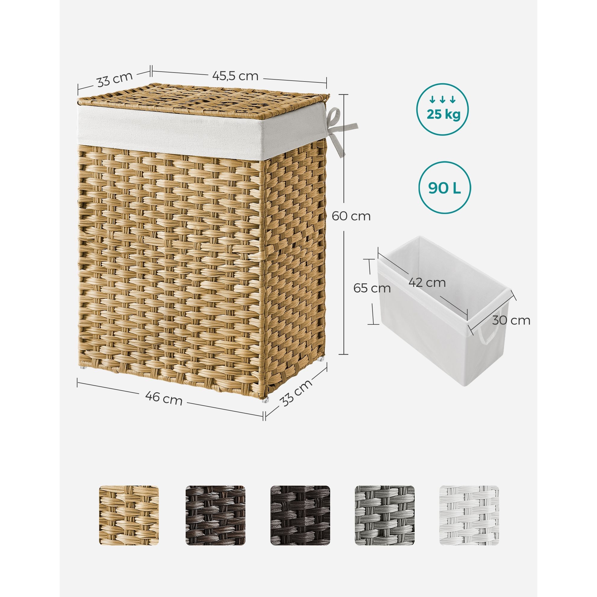 Kézzel fonott rattan szennyeskosár, összecsukható, kivehető zsákkal 90L, sárga