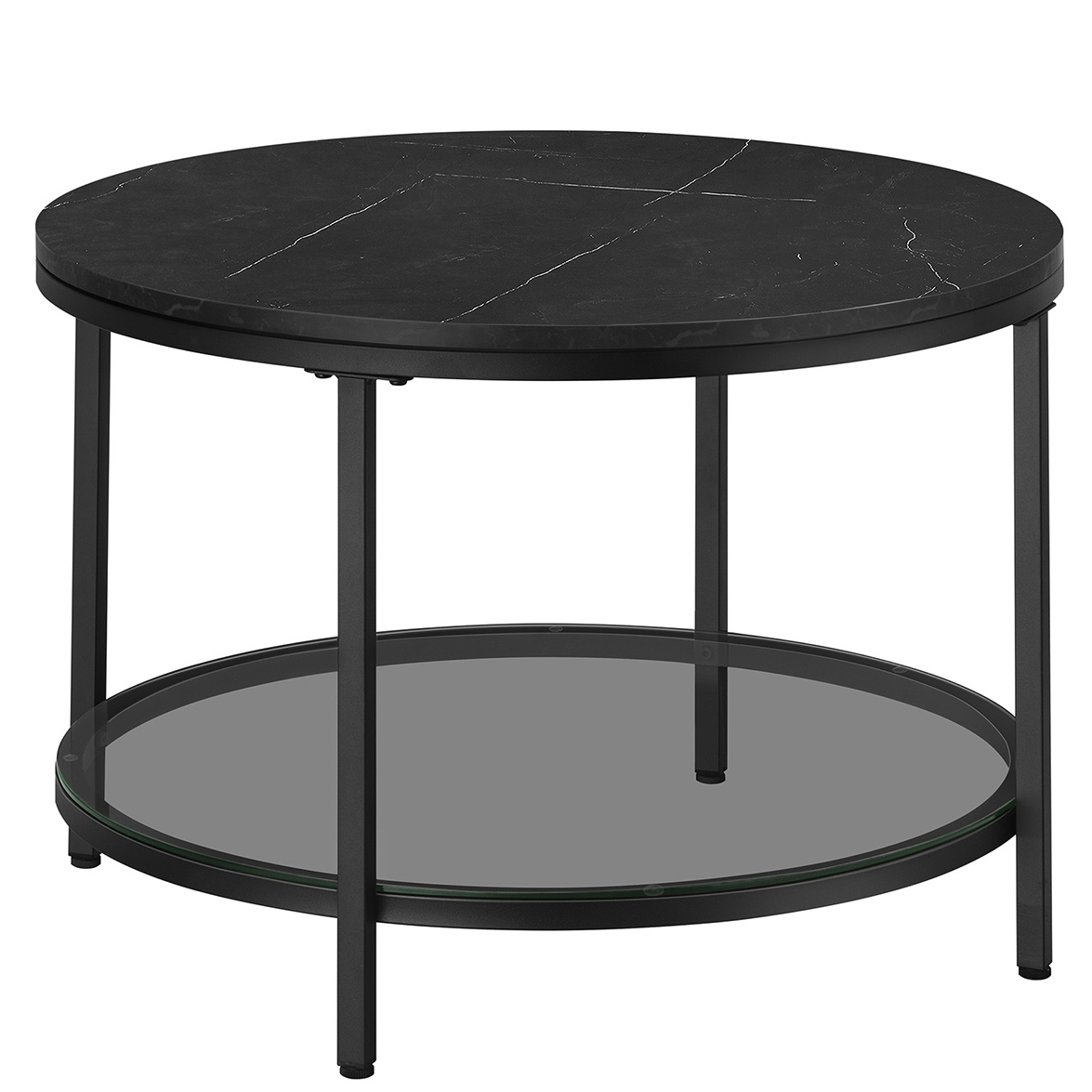 Dohányzóasztal, műmárvány asztallap, edzett üveg polc, márvány fekete, fekete, 65cm átmérő