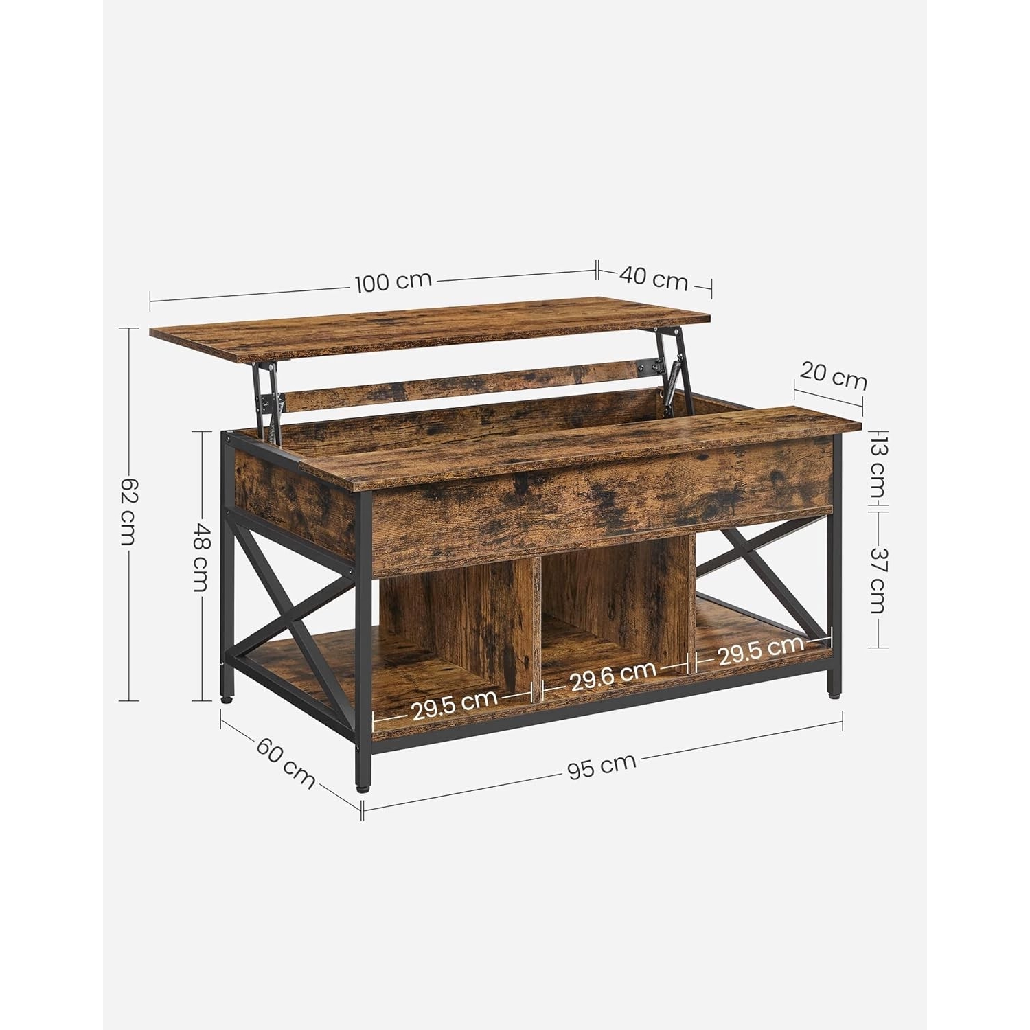 Dohányzóasztal, emelhető asztallappal, rejtett tárolóval, rusztikus barna, 60x100x(48-62) cm