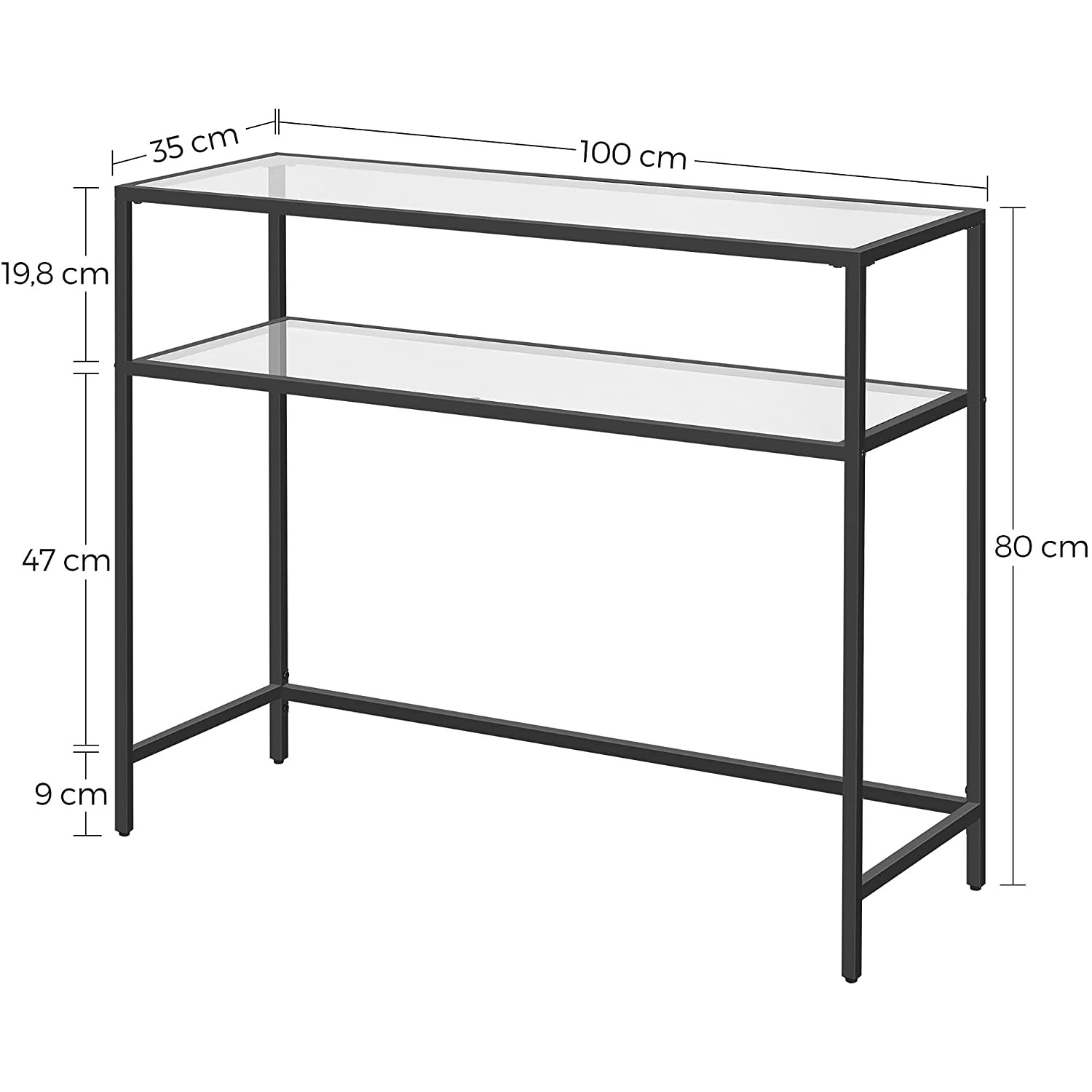 Konzolasztal polcokkal edzett üveglappal, fekete 100x80x35cm