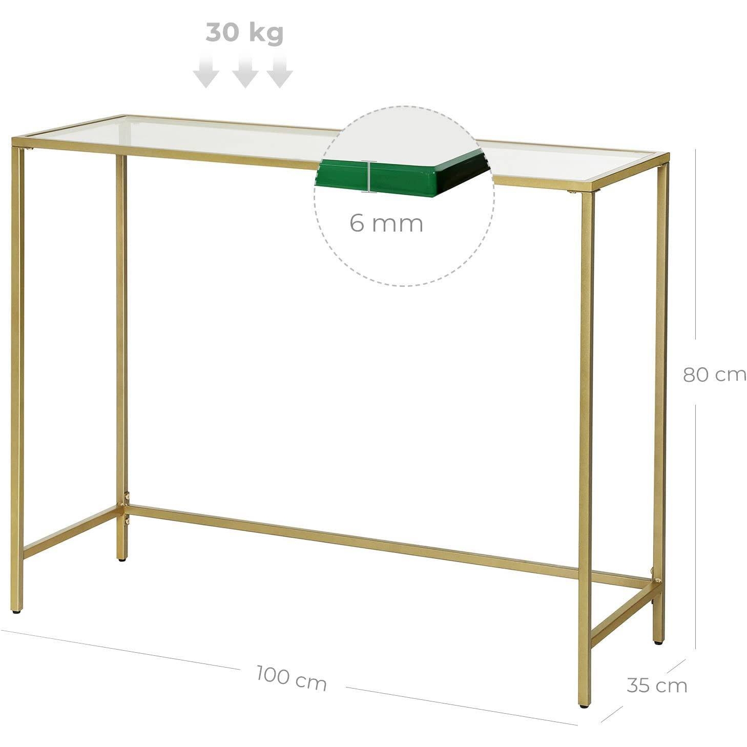 Konzolasztal fém vázzal edzett üveglappal, arany 100x35x80cm