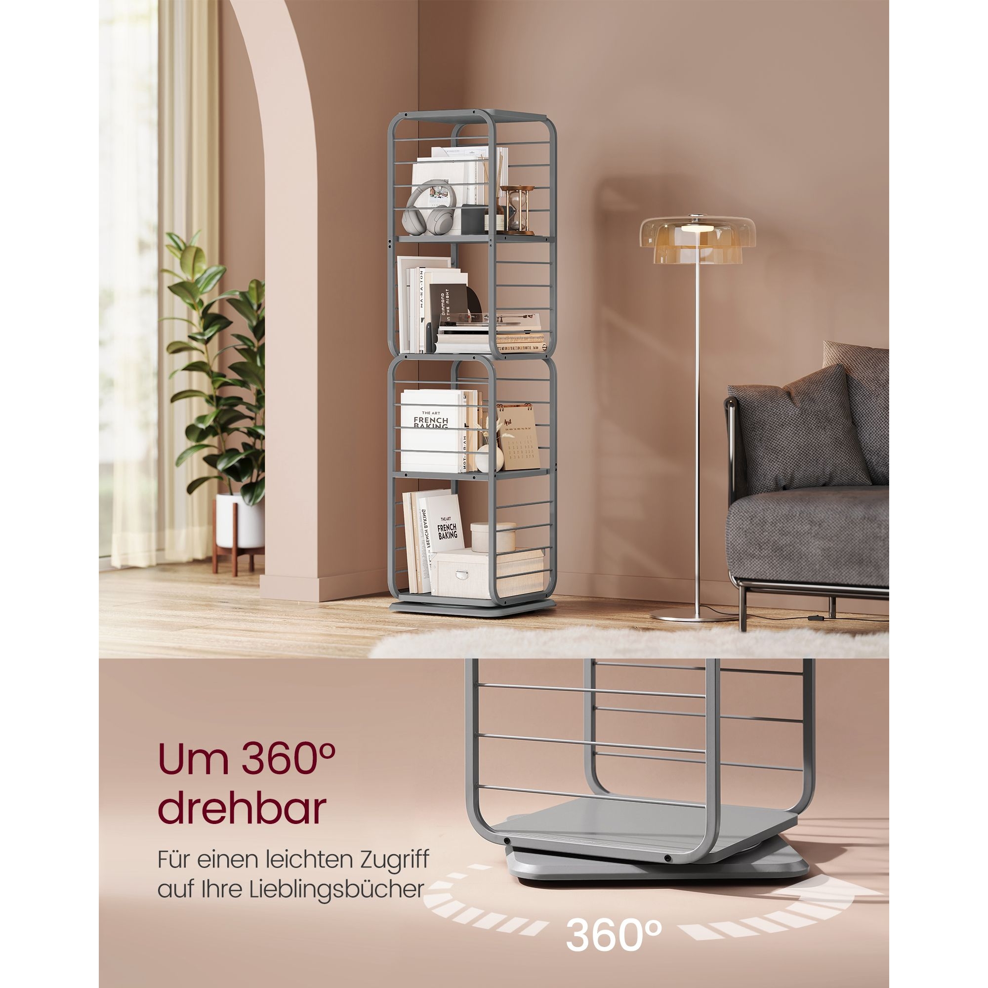 Könyvespolc, 360°-ban forgatható acél polc, 4 szintes, 43x43x158cm
