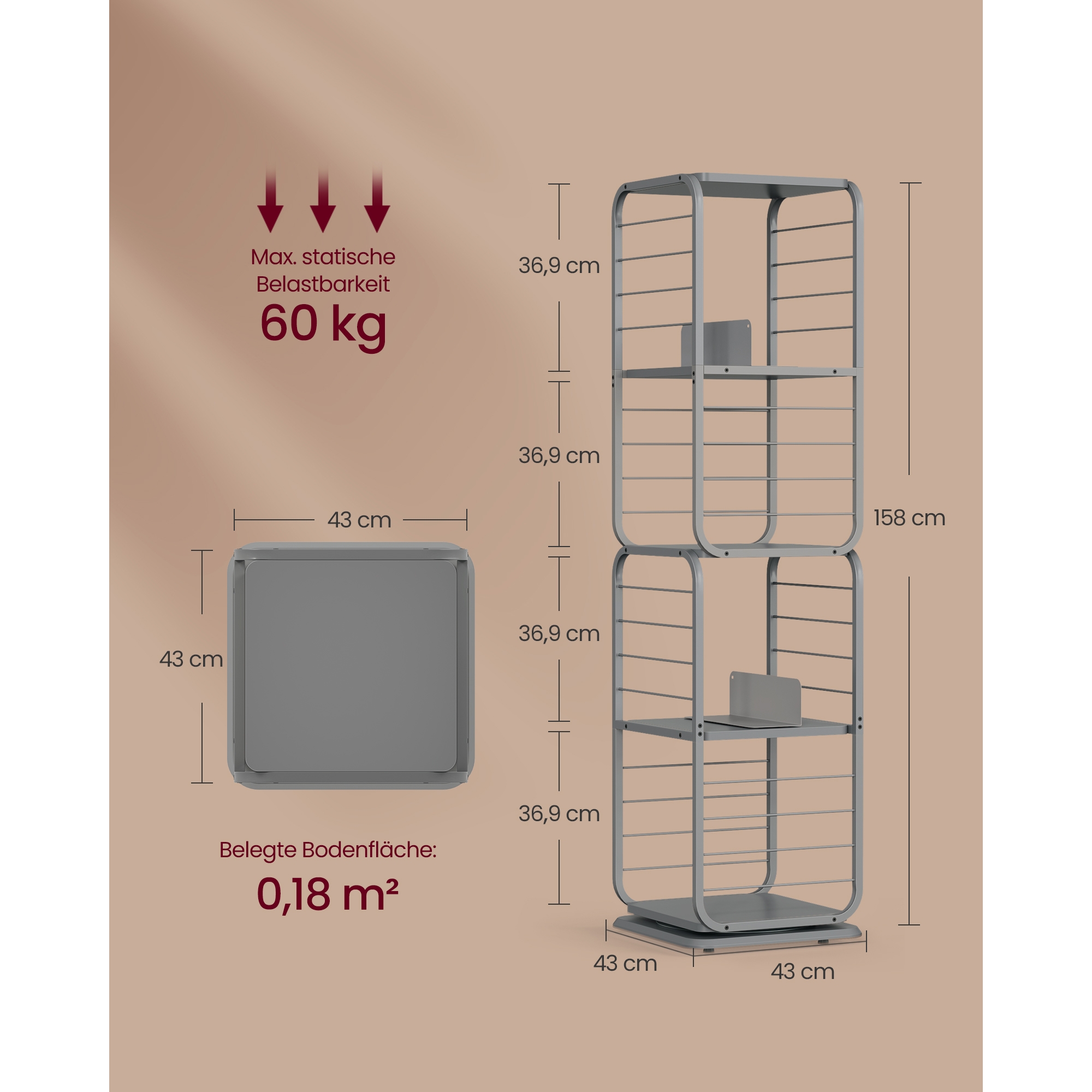 Könyvespolc, 360°-ban forgatható acél polc, 4 szintes, 43x43x158cm