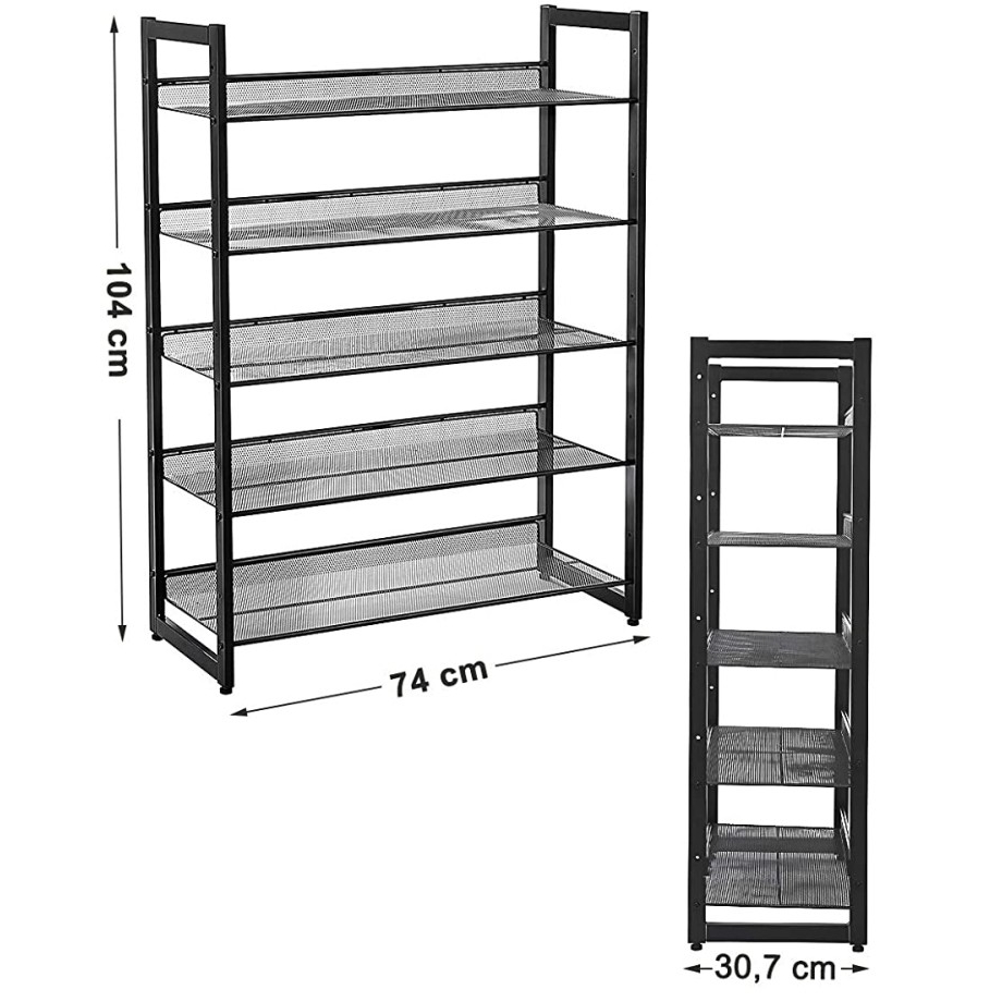 Cipőtartó polc 5 szintes fém háló polcokkal, fekete 74x30x104cm