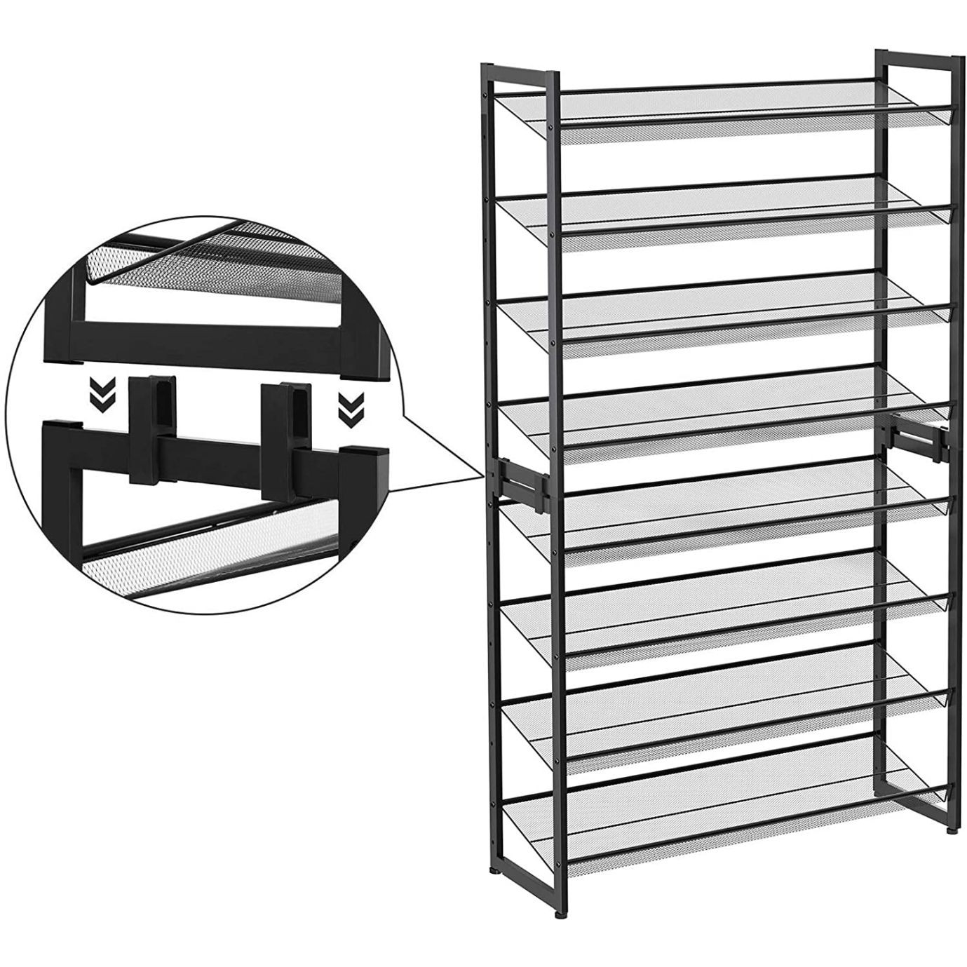 Cipőtartó polc 2x4 szintes fém háló polcokkal, fekete 92x30x163cm