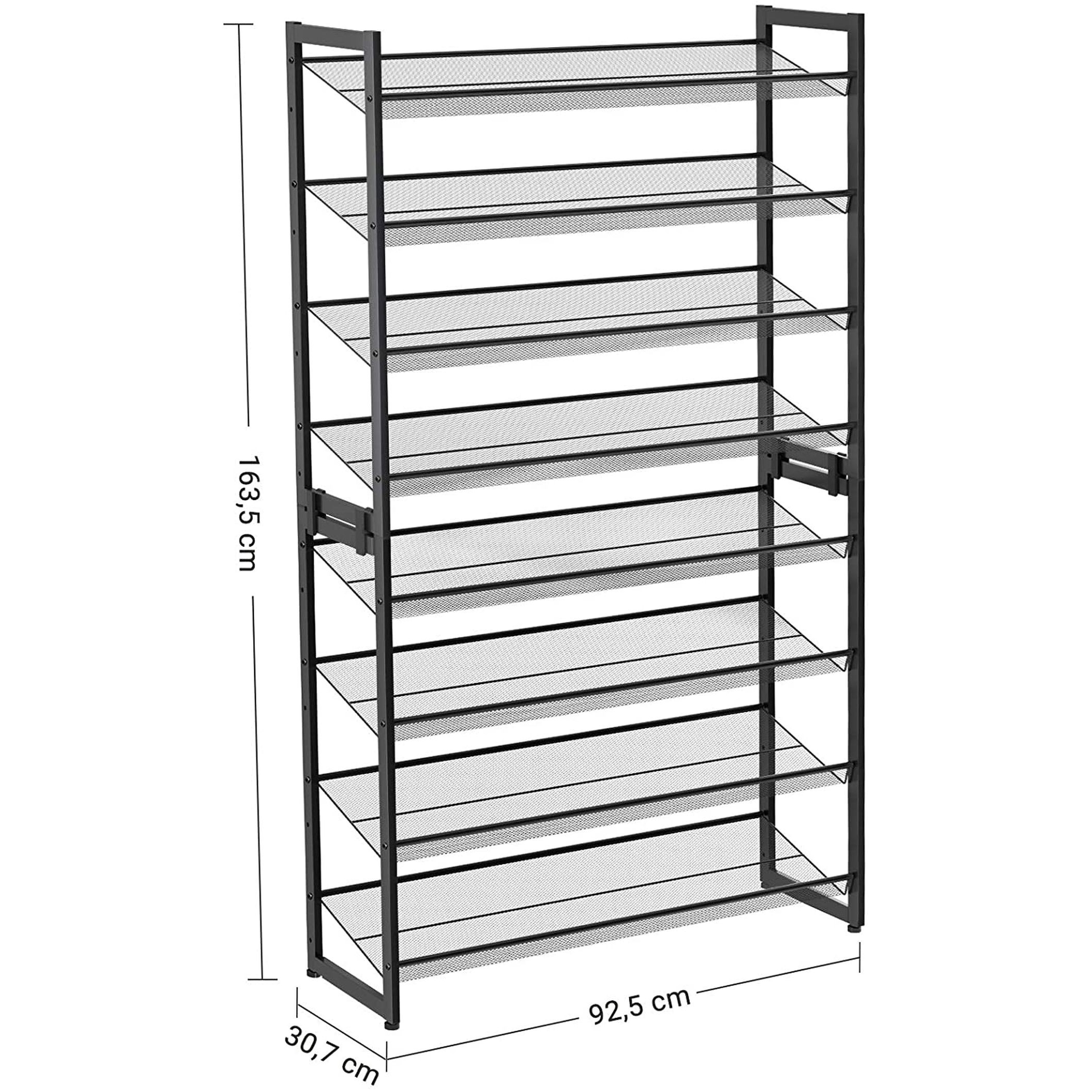 Cipőtartó polc 2x4 szintes fém háló polcokkal, fekete 92x30x163cm