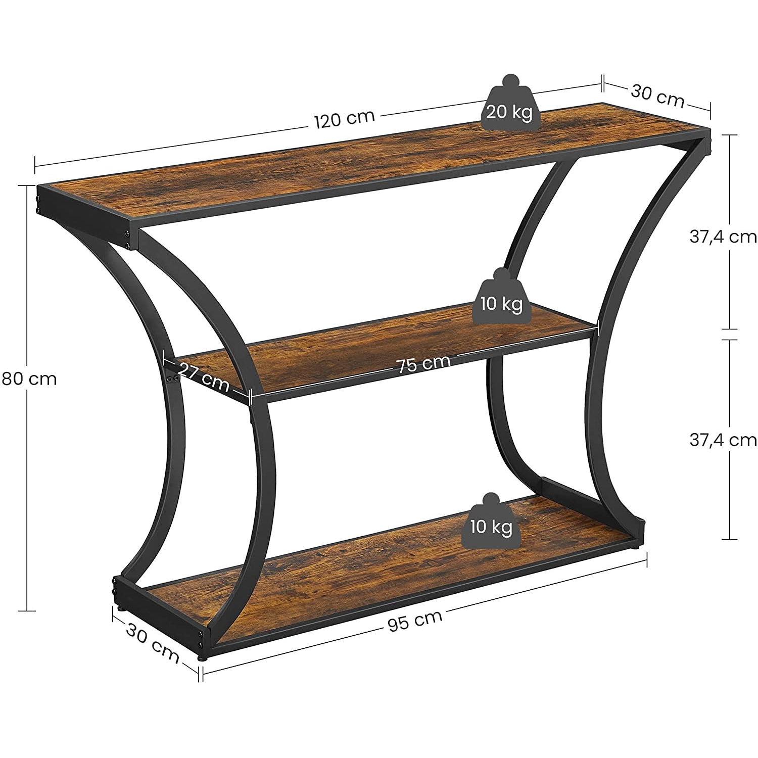 Konzolasztal polcokkal, rusztikus barna 120x30x80cm