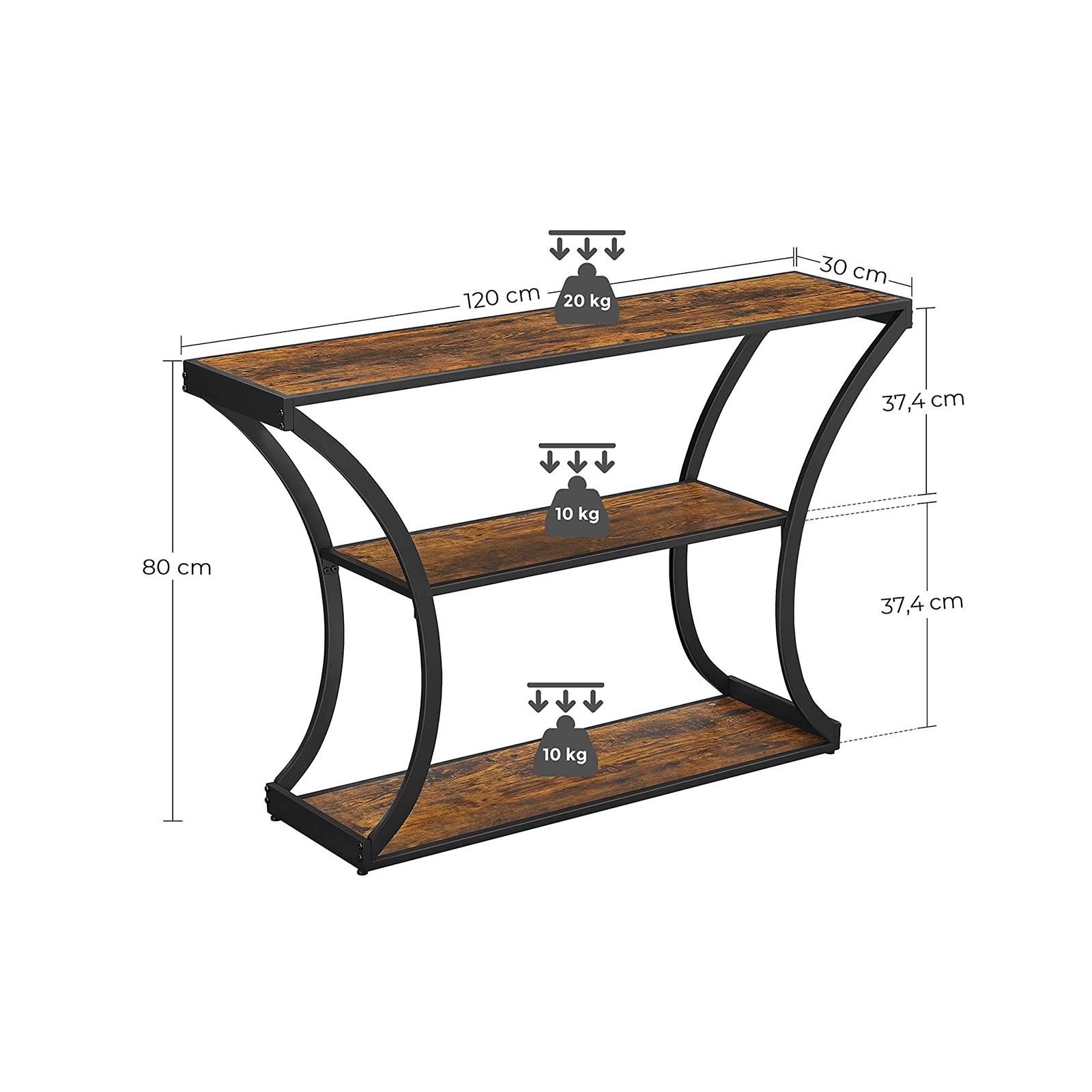 Konzolasztal polcokkal, rusztikus barna 120x30x80cm