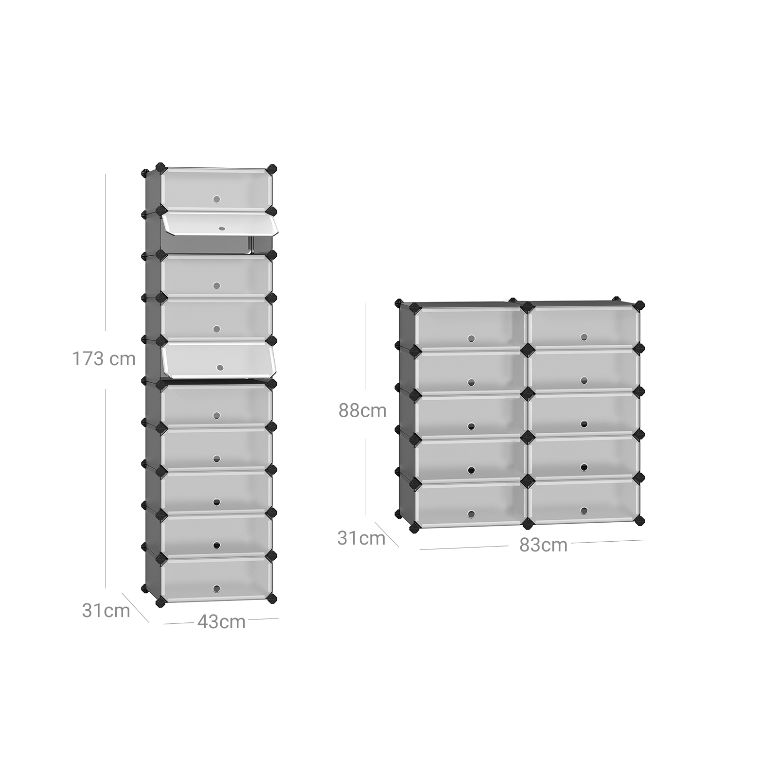 Cipőtároló doboz 10 db moduláris tárolódoboz, szürke 43x31x173cm