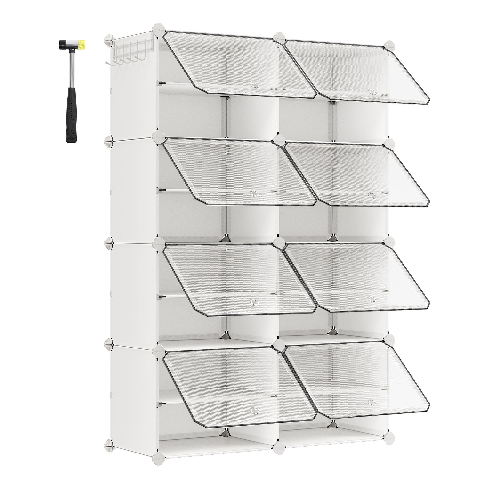 Cipőtartó, 8 rekeszes, ajtókkal, 32 pár cipőhöz, acélkeret, műanyag panel, fehér