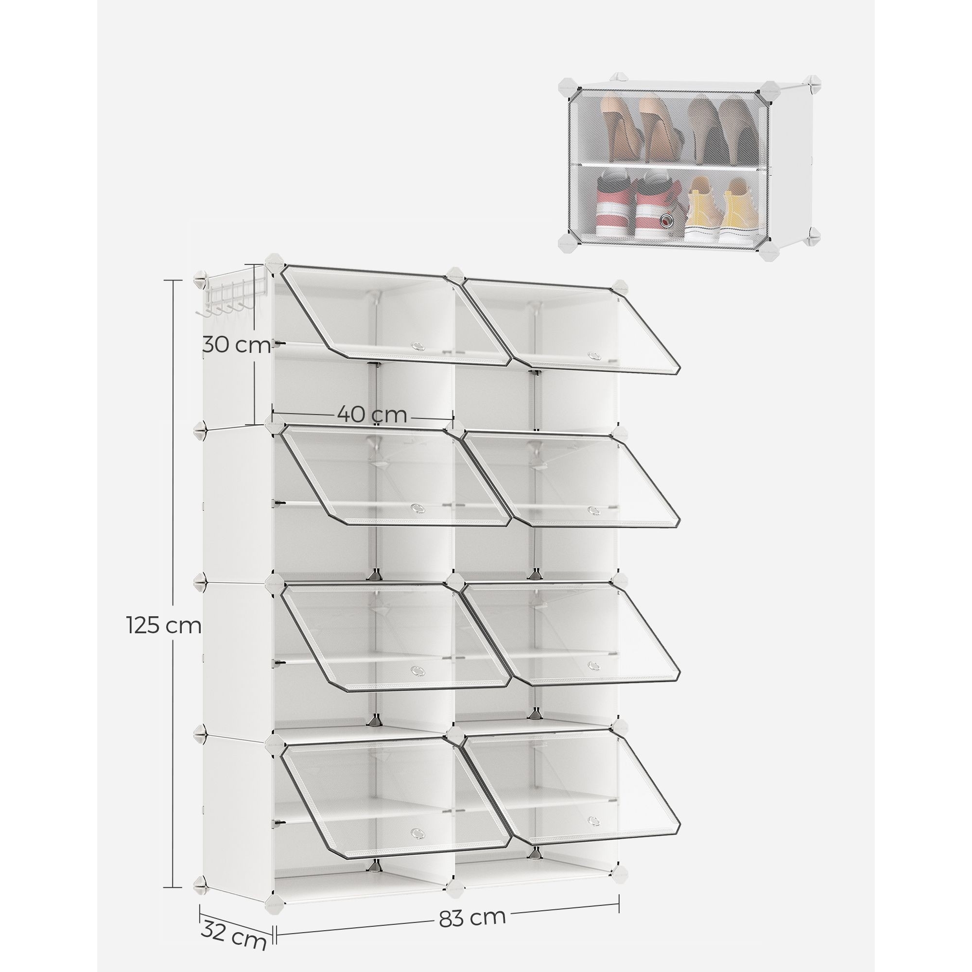 Cipőtartó, 8 rekeszes, ajtókkal, 32 pár cipőhöz, acélkeret, műanyag panel, fehér