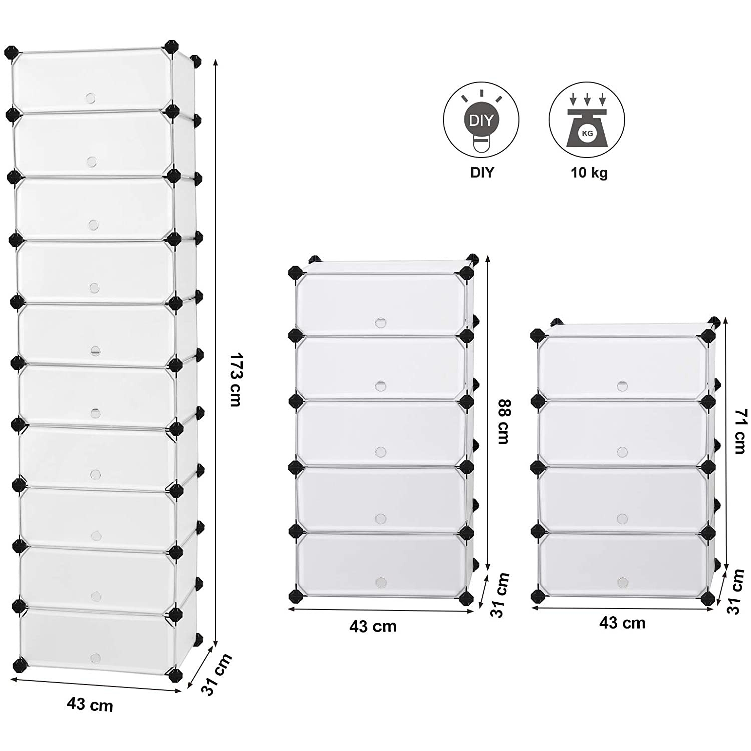Cipőtároló doboz 10 db moduláris tárolódoboz, fehér 43x31x173cm