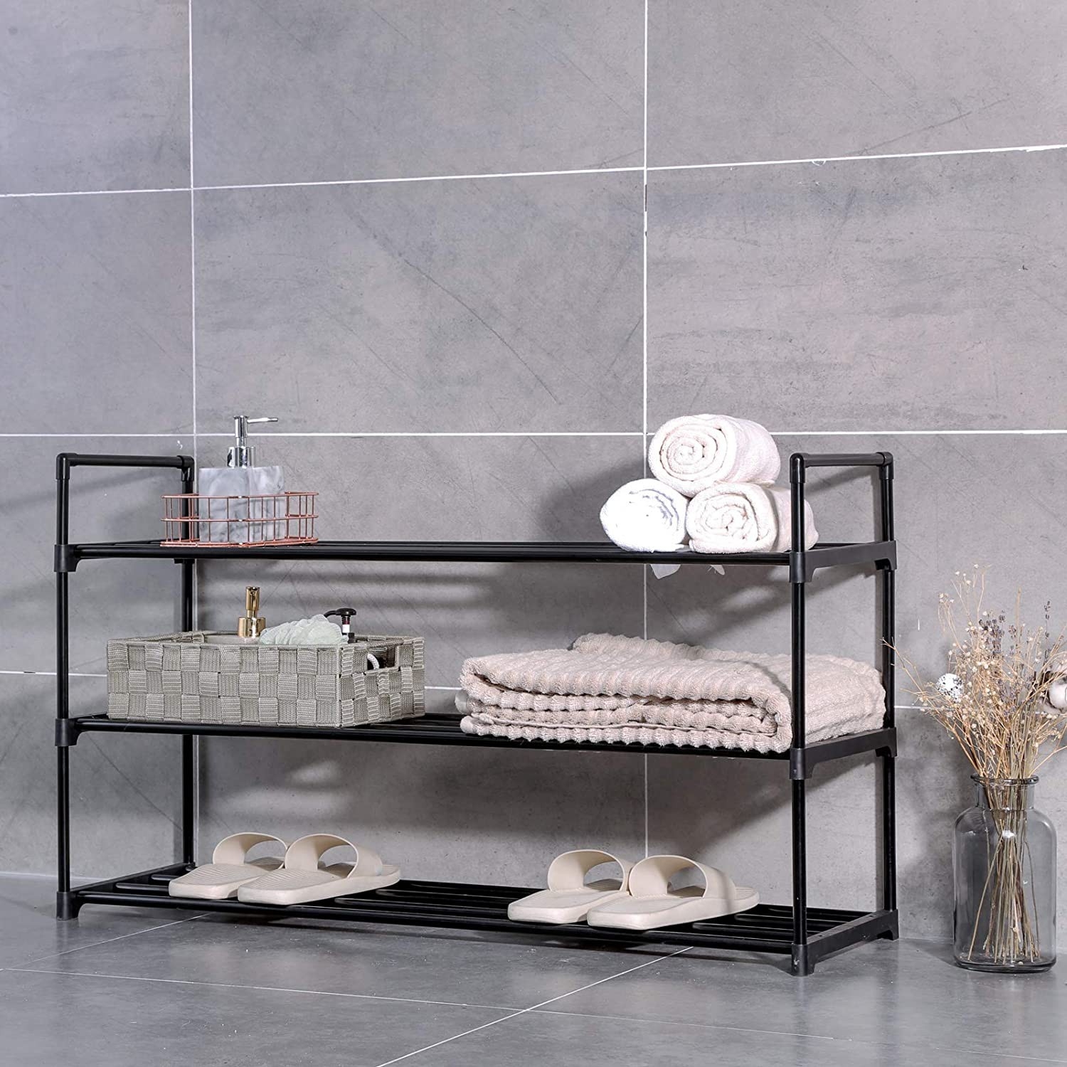 Cipőtartó állvány, 3 szintes 12-15 pár cipőhöz, 30 x 92 x 54 cm, fekete