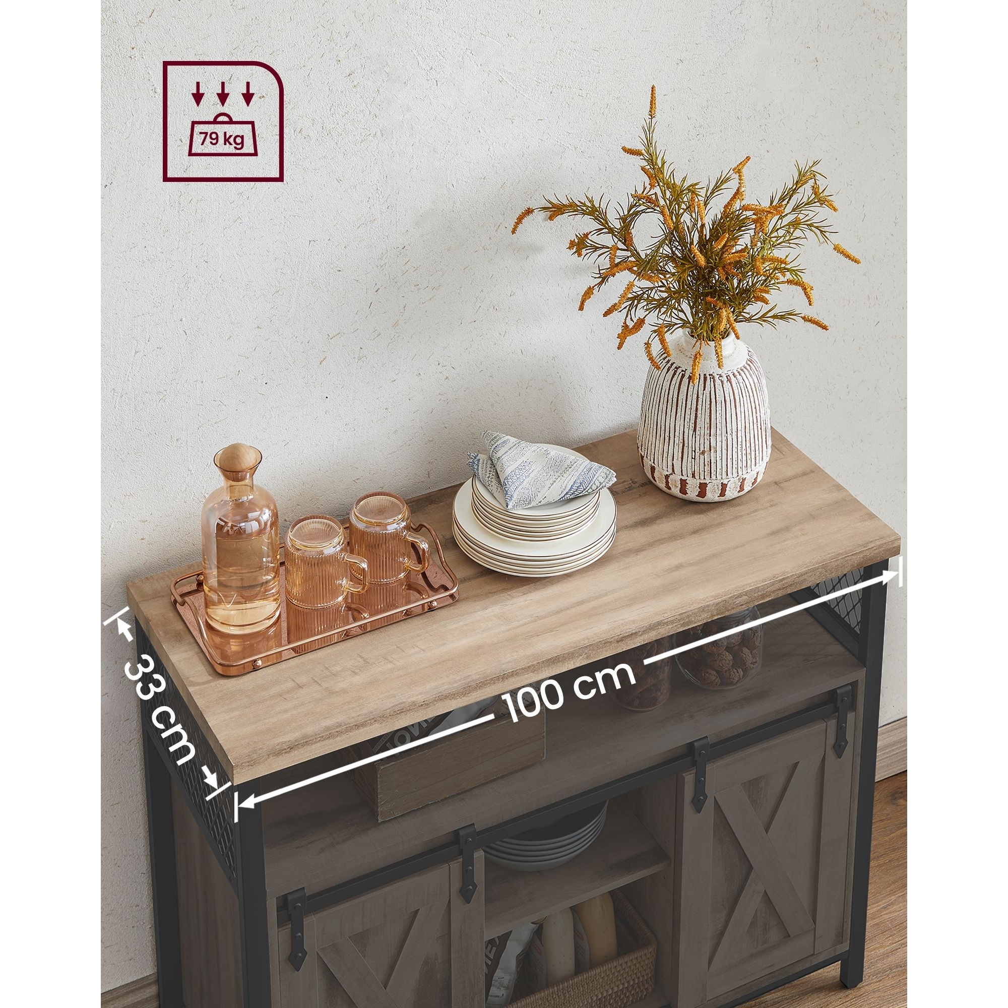 Komód elhúzható ajtókkal és nyitott polcokkal, homokbarna 100x33x80cm