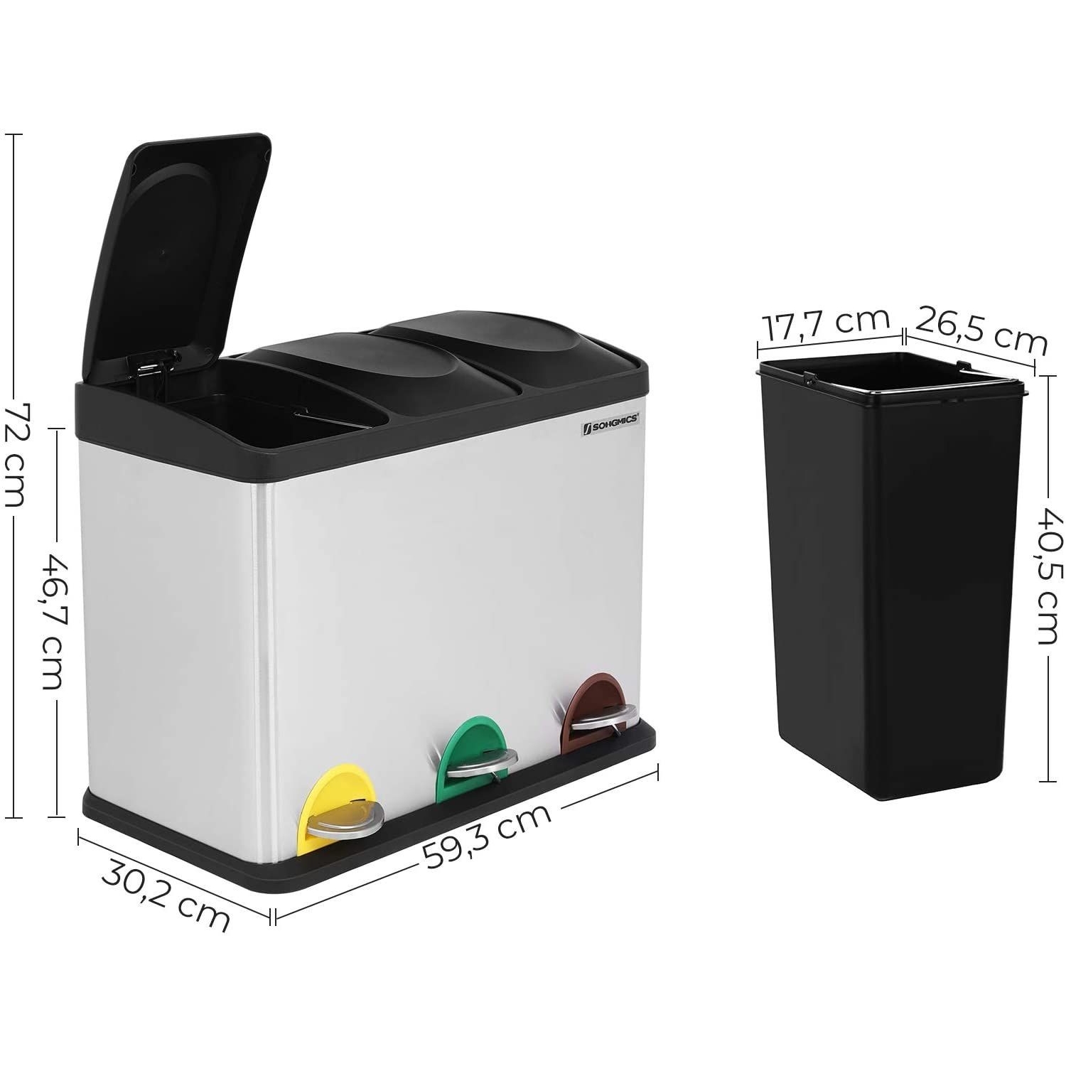 Szelektív szemeteskuka 3x15L, ezüst