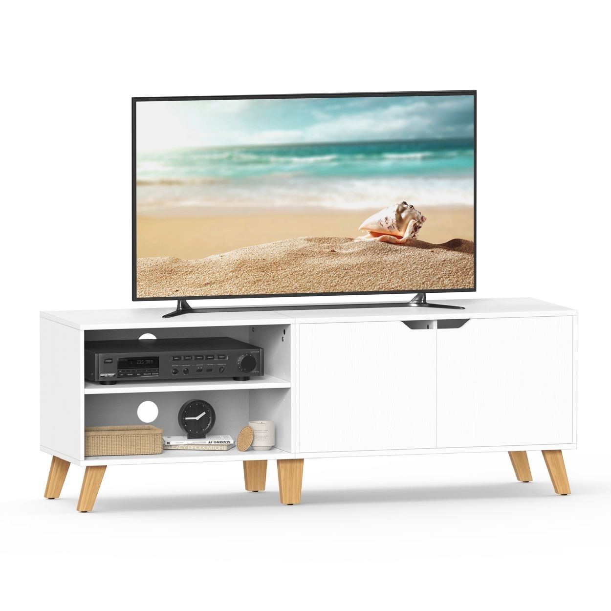 TV szekrény, 2 ajtóval, polcokkal, fehér 140x40x45cm