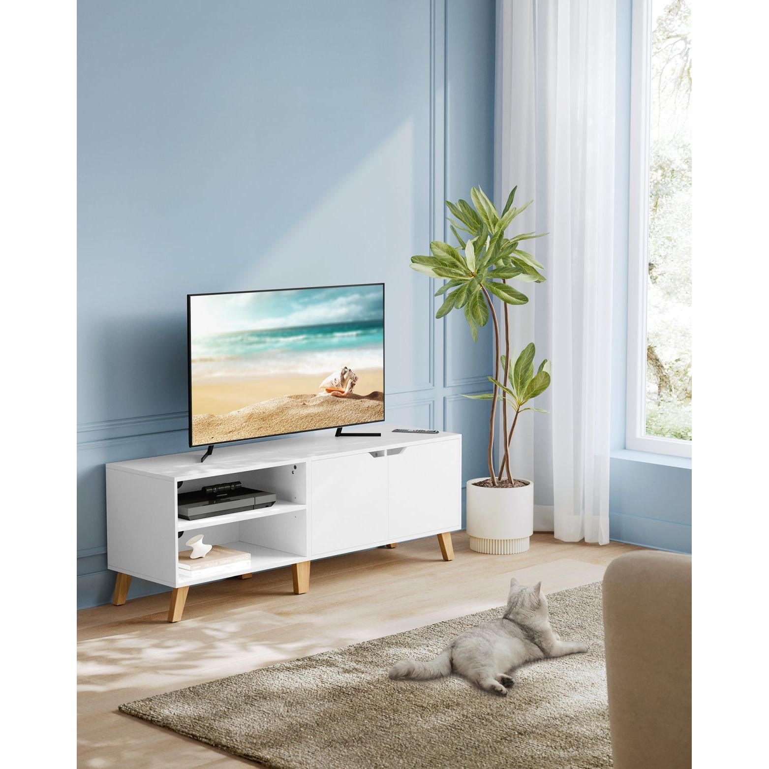 TV szekrény, 2 ajtóval, polcokkal, fehér 140x40x45cm
