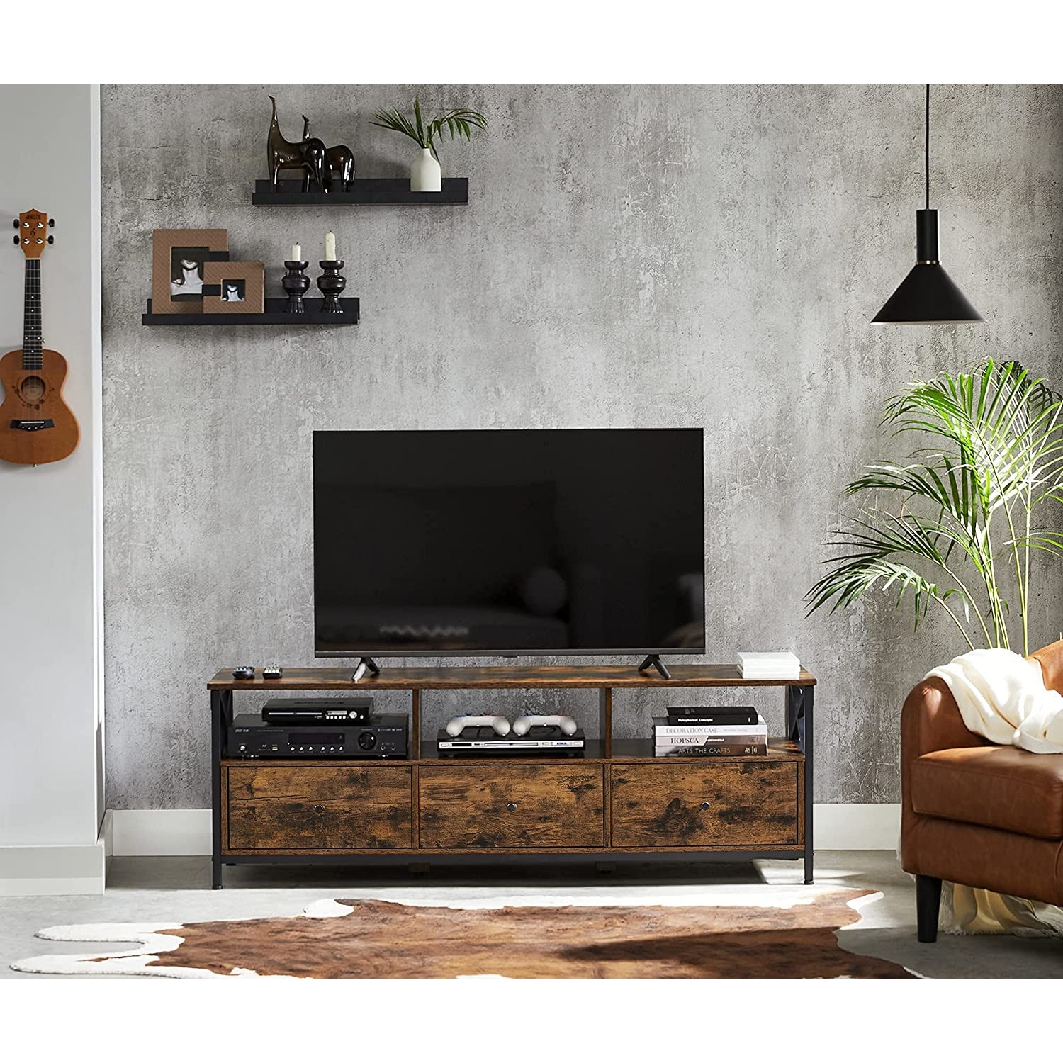 TV szekrény polcokkal és fiókokkal, rusztikus barna 147x40x50cm