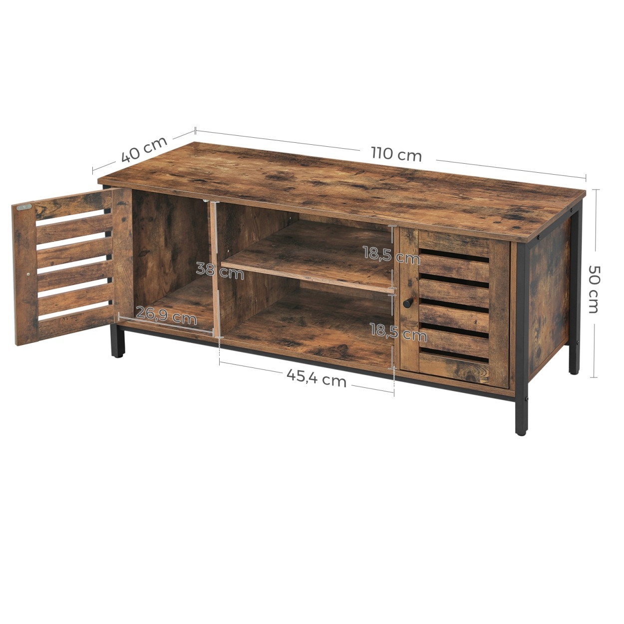 TV szekrény polcokkal és két ajtóval, rusztikus barna 110x40x50cm