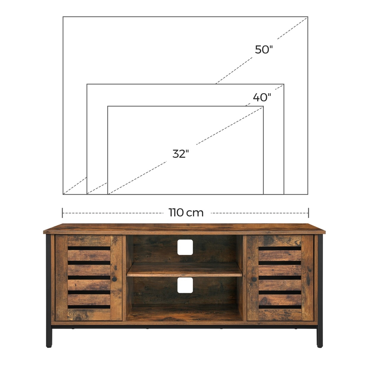 TV szekrény polcokkal és két ajtóval, rusztikus barna 110x40x50cm