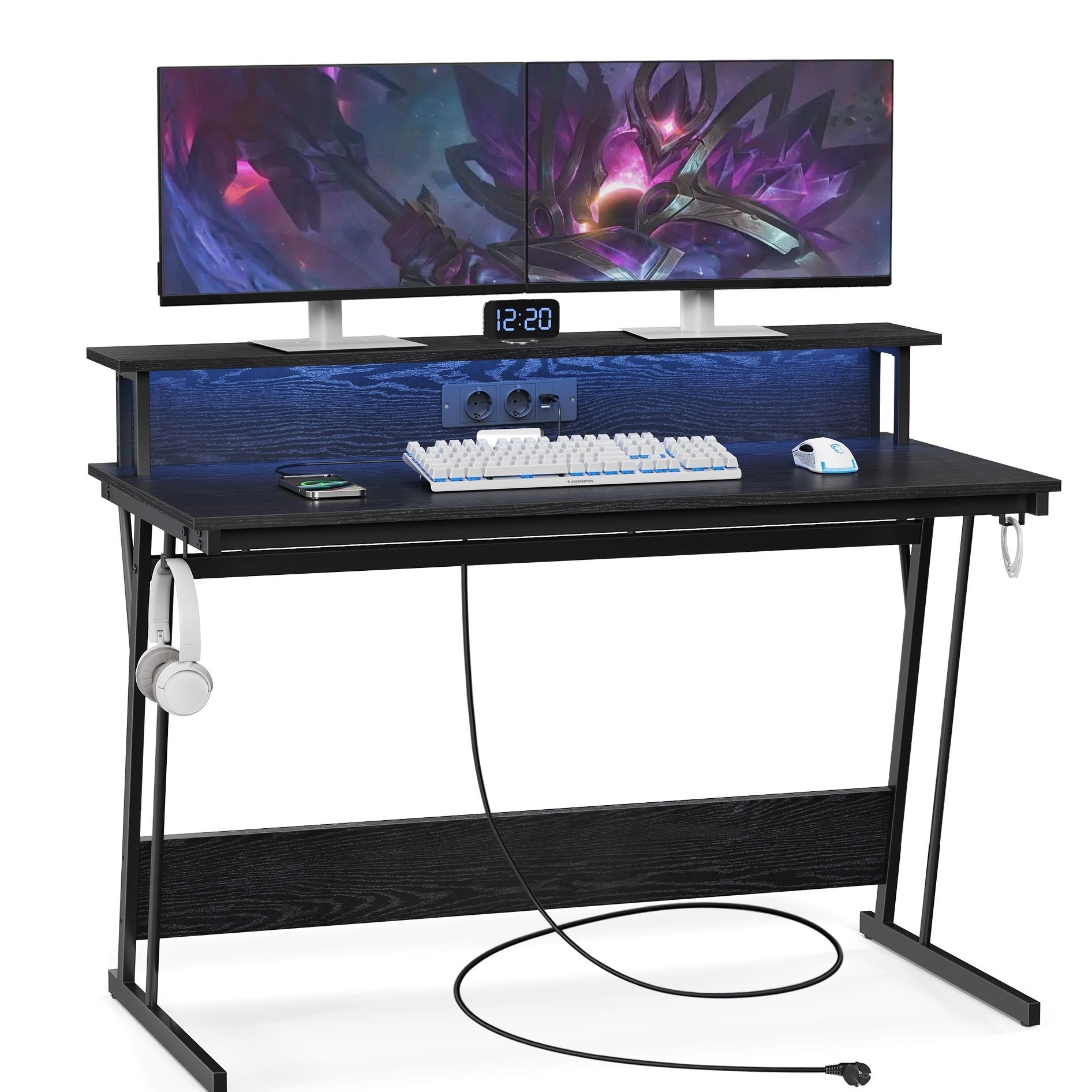 Számítógép asztal, gaming asztal, beépített LED fénnyel és elosztóval, fekete, 60x120x76cm