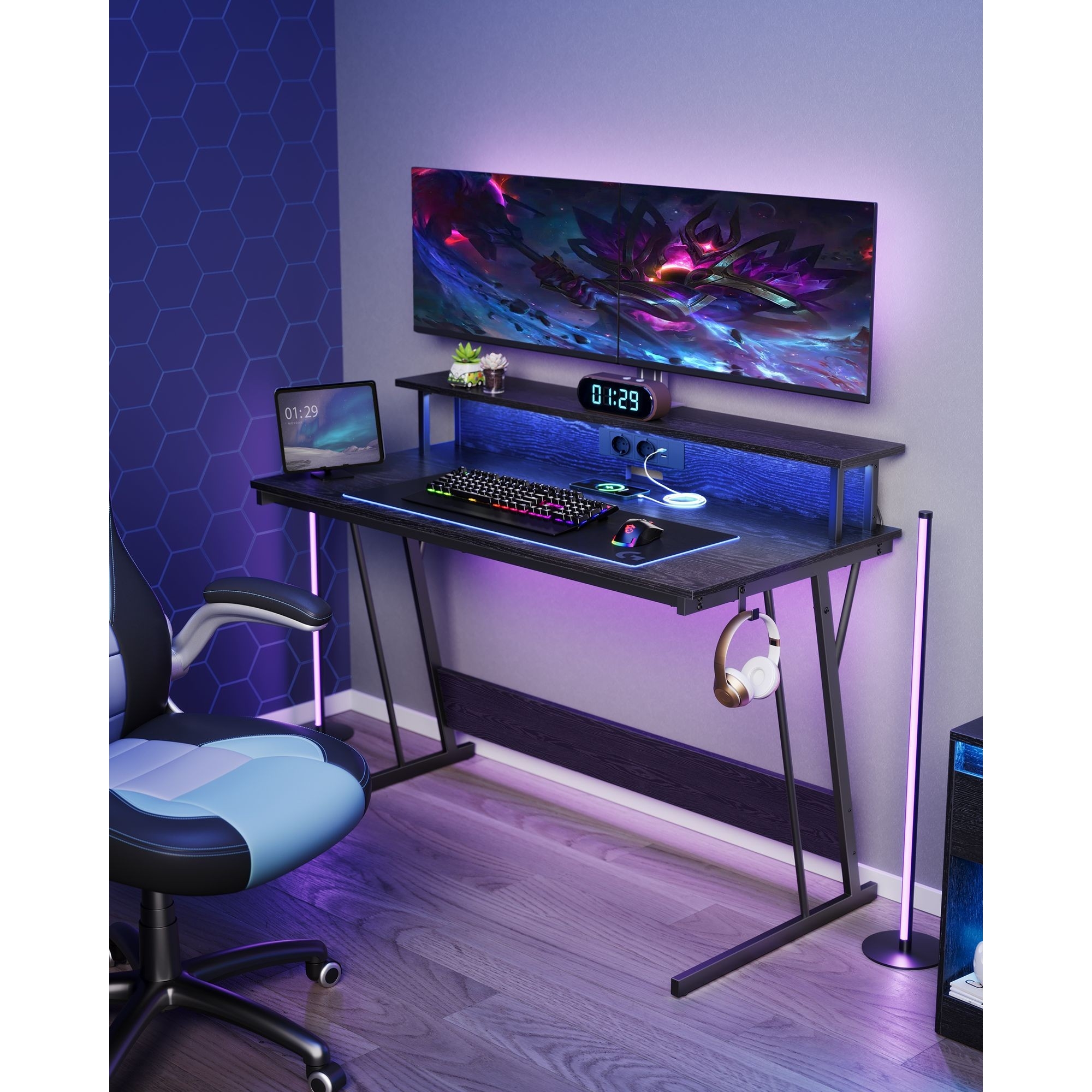 Számítógép asztal, gaming asztal, beépített LED fénnyel és elosztóval, fekete, 60x120x76cm