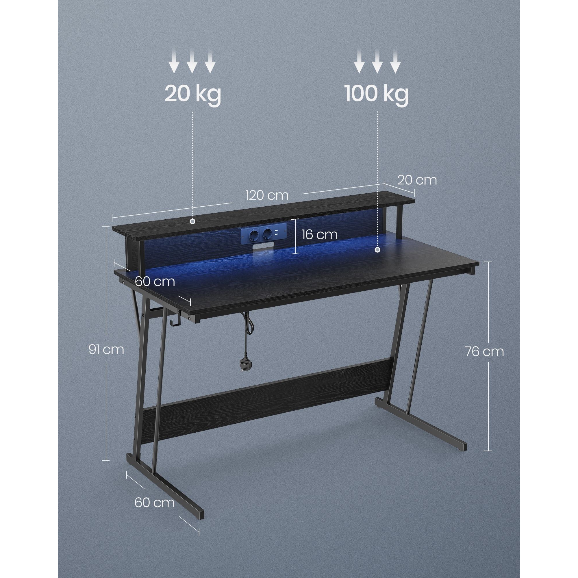 Számítógép asztal, gaming asztal, beépített LED fénnyel és elosztóval, fekete, 60x120x76cm