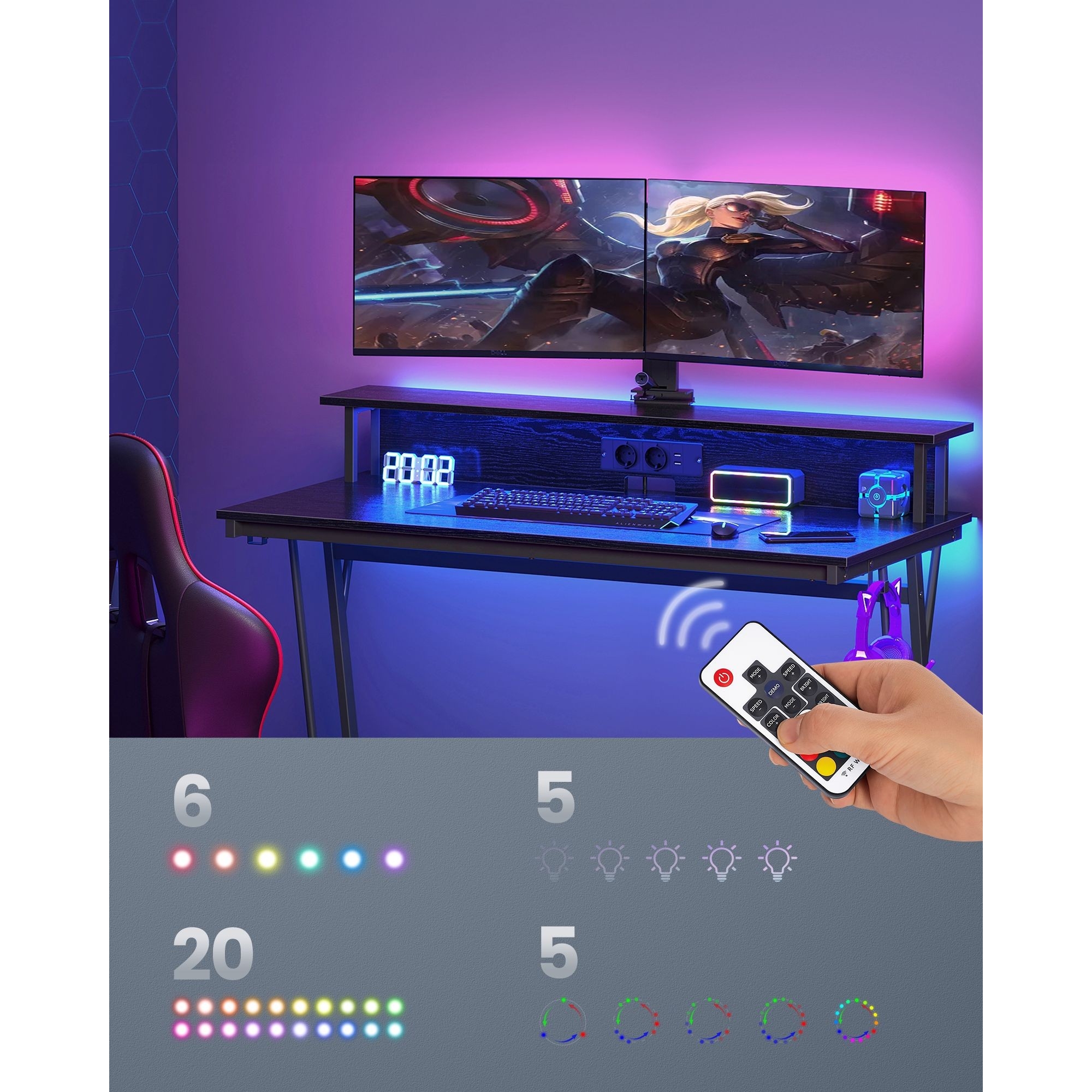 Számítógép asztal, gaming asztal, beépített LED fénnyel és elosztóval, fekete, 60x120x76cm