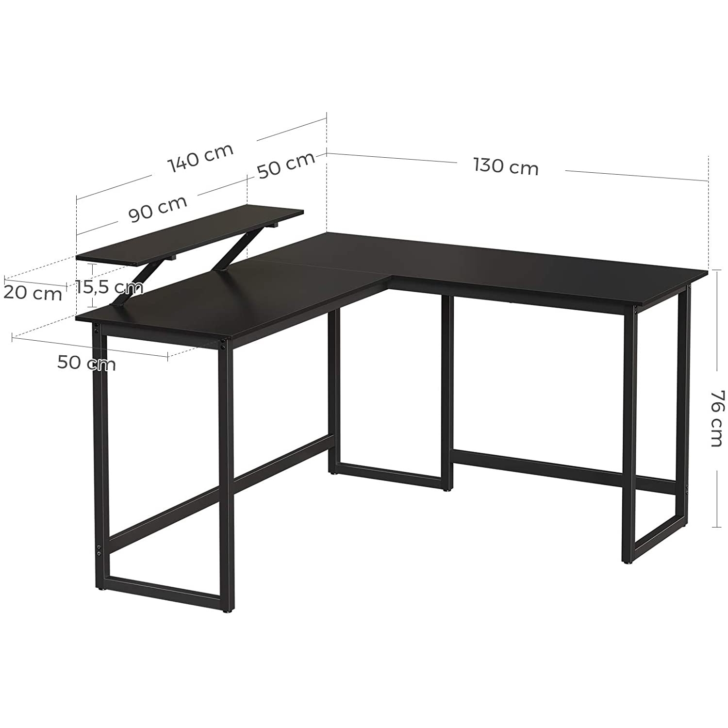 Sarok íróasztal monitor állvánnyal, fekete 140x130x92cm