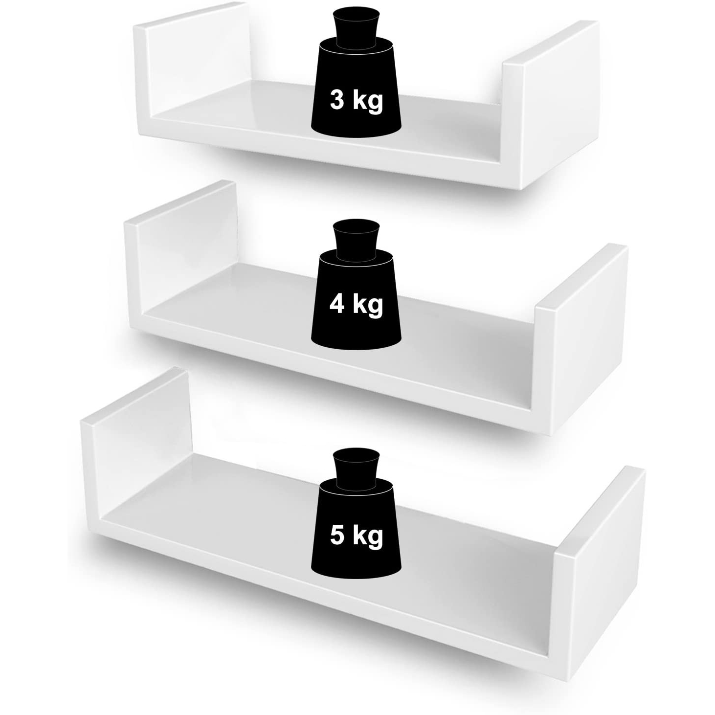 3 darabos lebegő polc szett magasfényű bevonattal, fehér 30/35/40cm