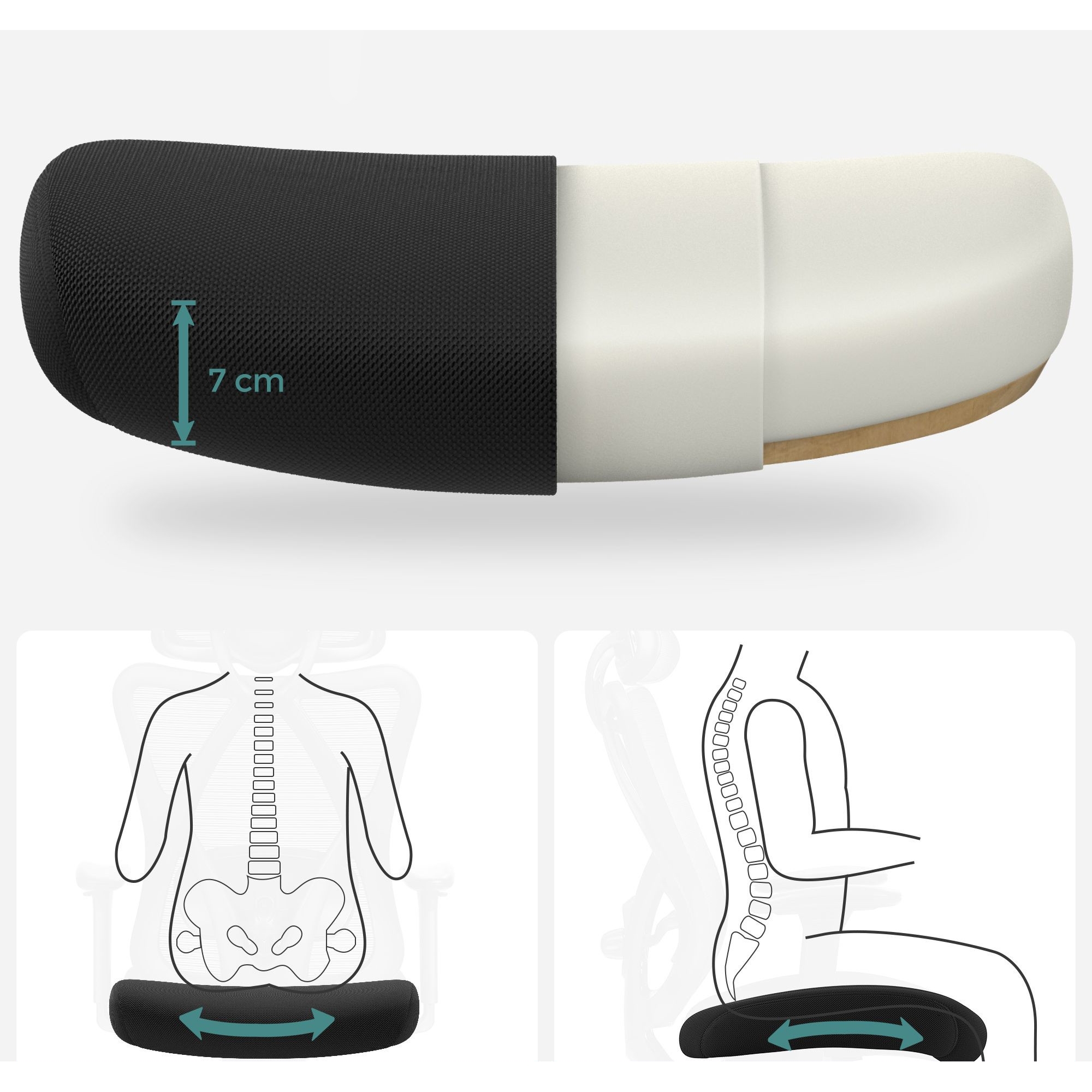 Irodai ergonomikus szék, állítható deréktámasszal és fejtámlával, fekete